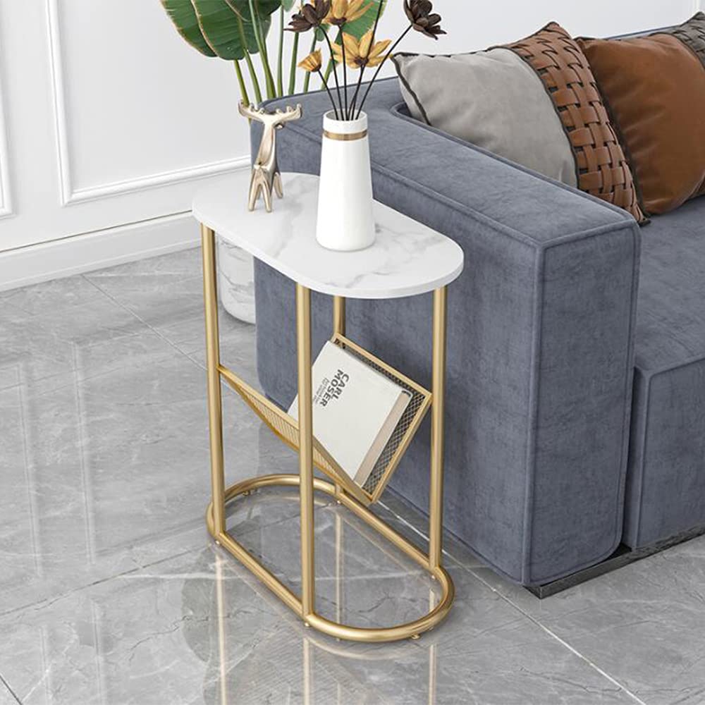 Modern 2-Tier Corner Table - Nordic Oval Bedside Table with Storage Shelf, Small Coffee Table & Side Cabinet for Living Room, Bedroom, Office - White