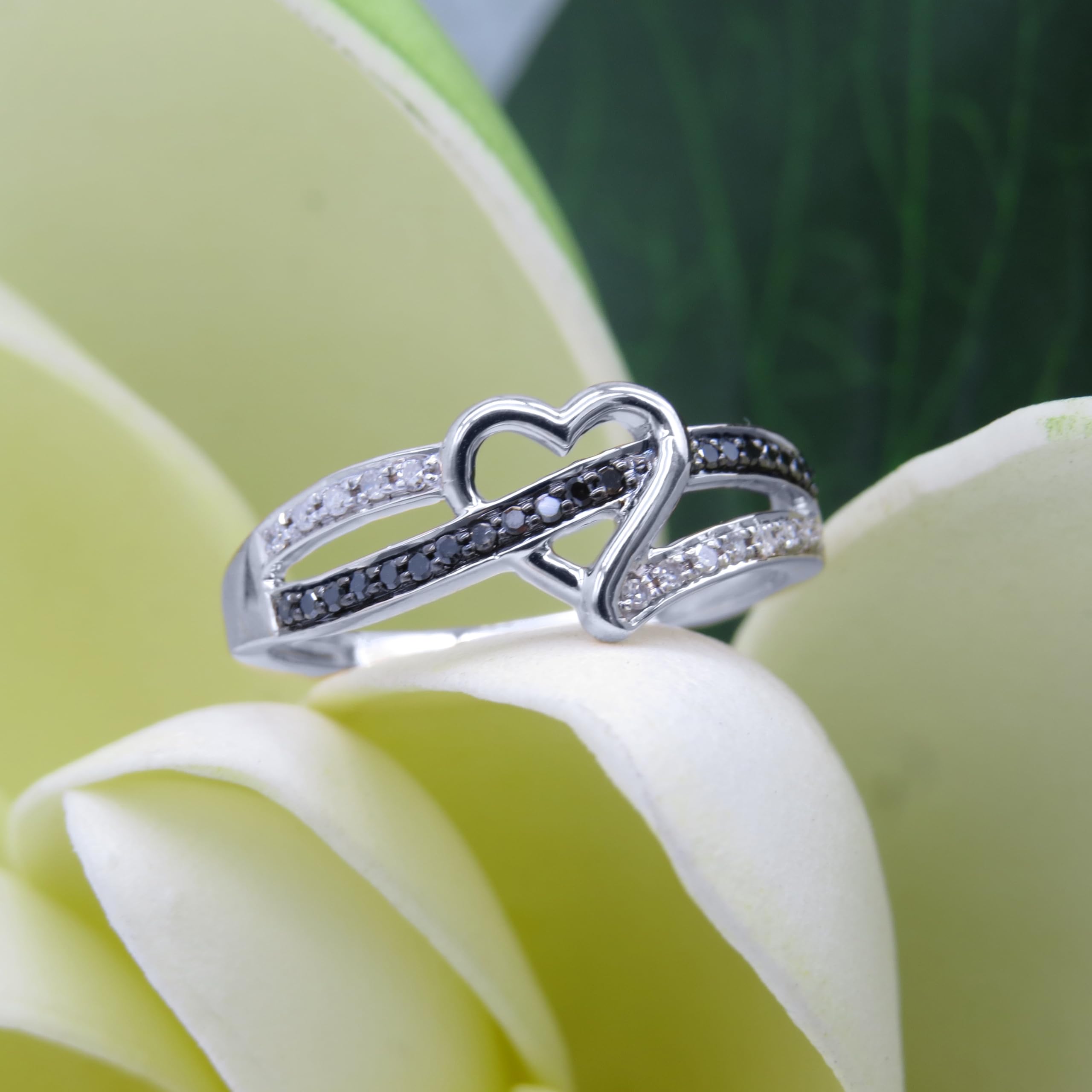 0.15 Carat Black & White Diamond Heart Promise Engagement Ring for Women in Solid 14K Gold - Romantic Proposal, Anniversary Gift, Wedding Jewelry