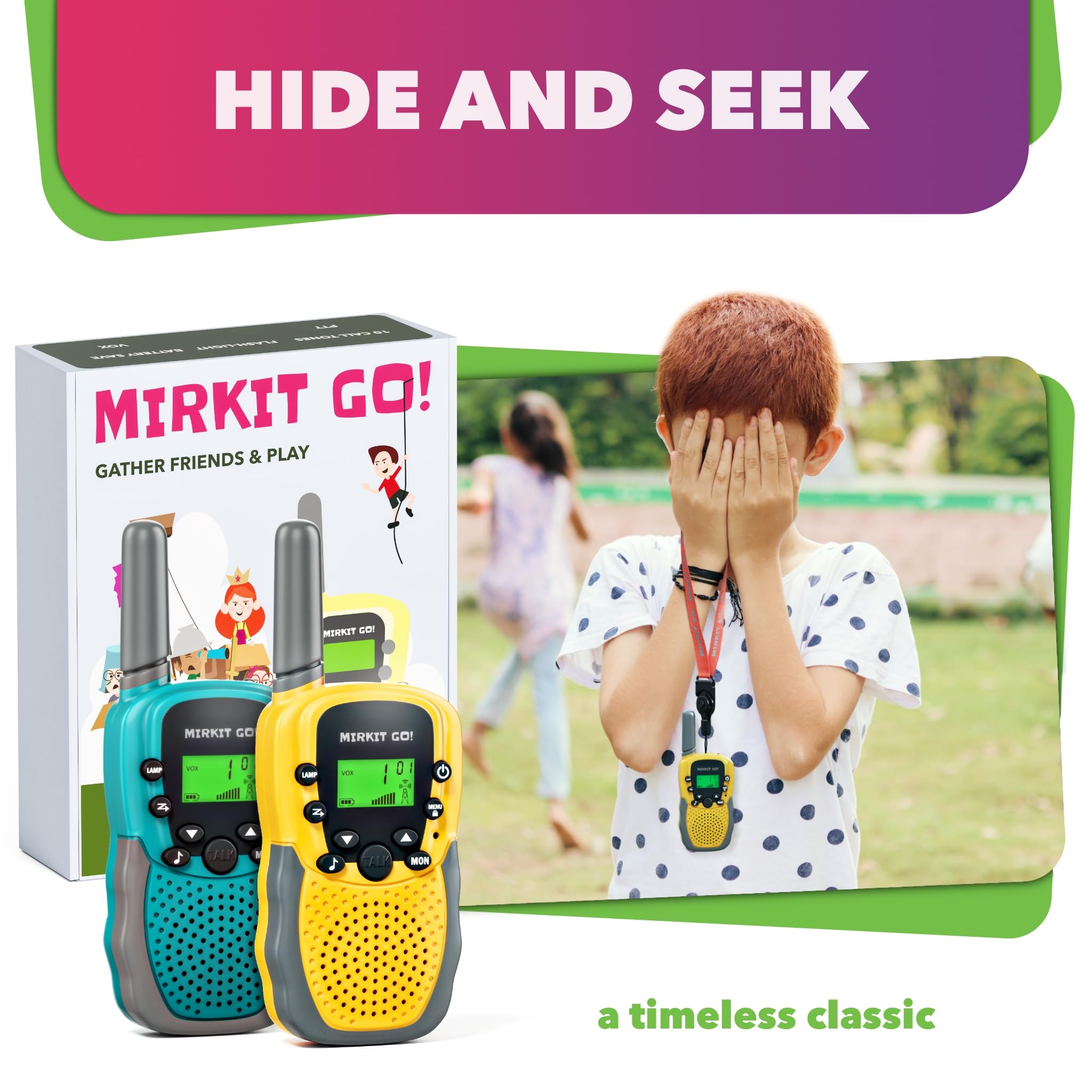 MIRKIT GO! Game: 2-Pack Kids Walkie Talkies with 4 Outdoor Backyard Games - Scavenger Hunt, Capture The Flag, Police & Hide and Seek | Fun Yard Games for Kids & Adults | Includes Free Handcuffs | Perfect for Family Camping, Birthday Parties & Outdoor Adventures