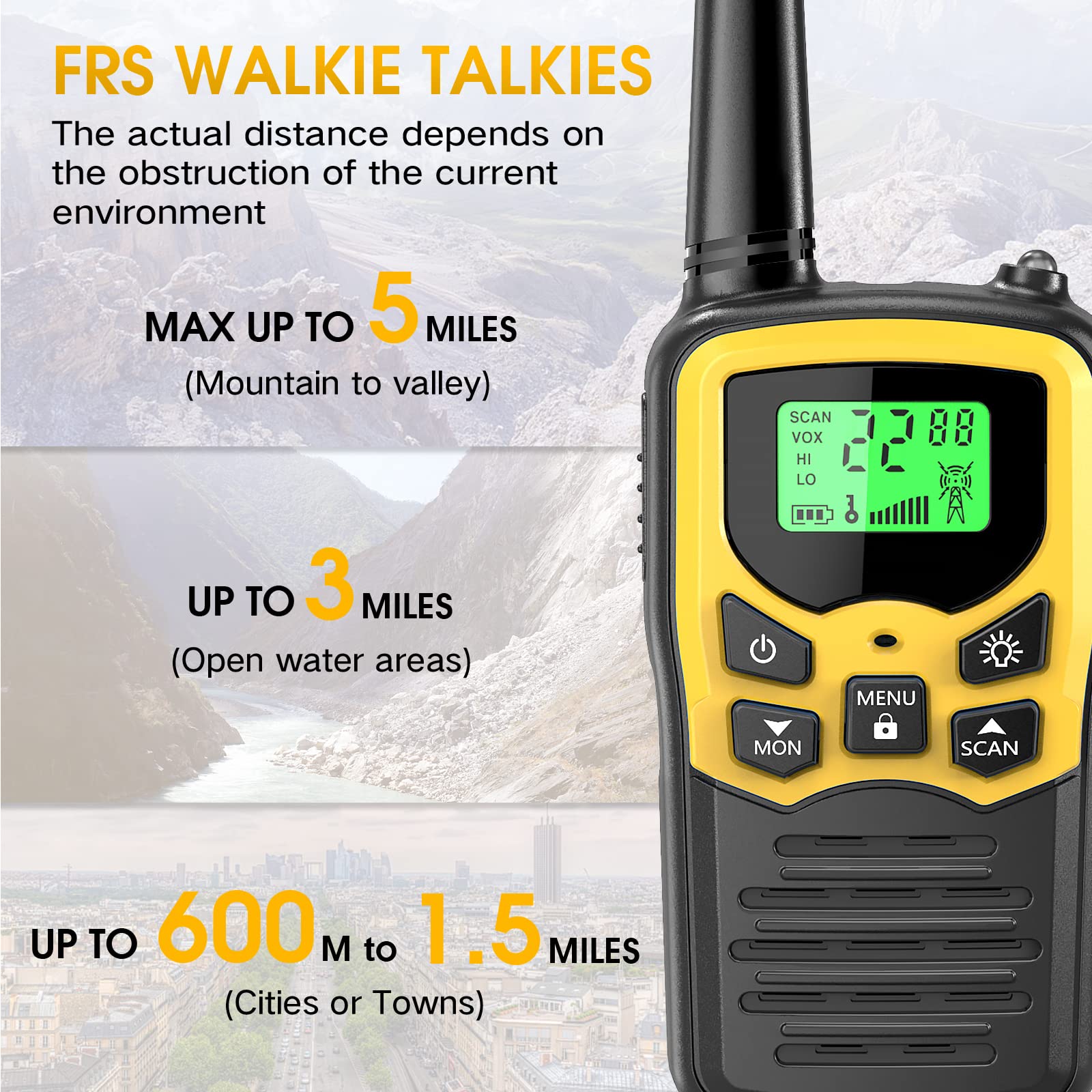MOICO Long Range Walkie Talkies for Adults - 2 Pack Two-Way Radios with 22 FRS Channels, VOX, Scan & LCD Display, LED Flashlight - Ideal for Hiking, Camping, Biking & Outdoor Adventures (Yellow)