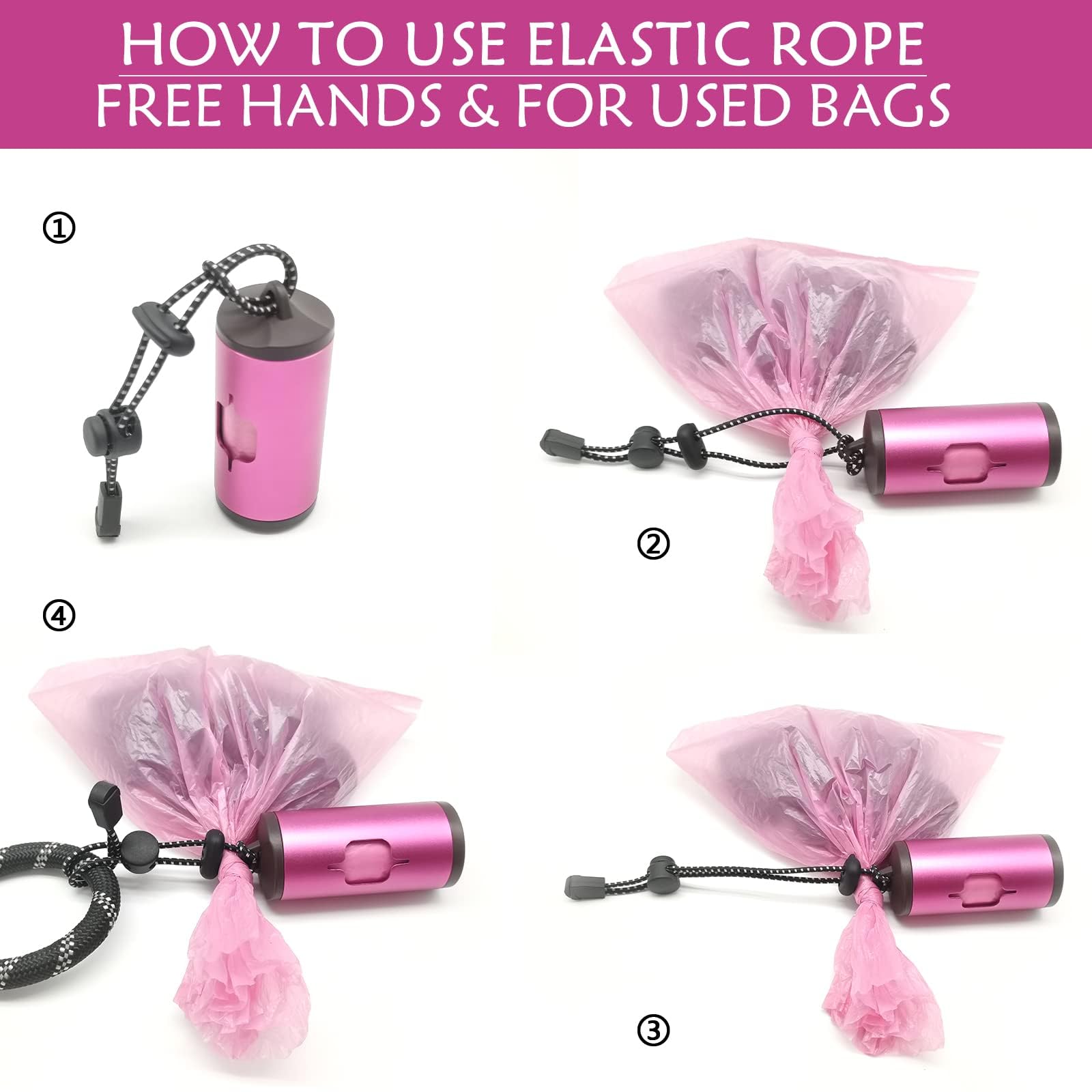 **Eco-Friendly Aluminum Dog Poop Bag Holder with Carabiner Clip – Metal Pet Waste Dispenser with Hook & Loop Fastener & Elastic Cord – Includes 2 Holders & 30 Bags (Pink) – Perfect for Walking, Hiking & Travel**