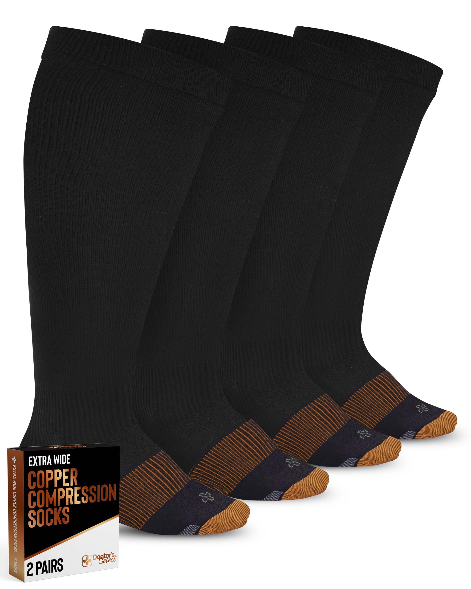 Doctor's Select Copper Plus Size Compression Socks for Women & Men - 2 Pairs (20-30mmHg) | Wide Calf Support for Swelling, Varicose Veins & Circulation | Medical Grade Black Compression Stockings | Perfect for Travel, Nursing, Running & Recovery