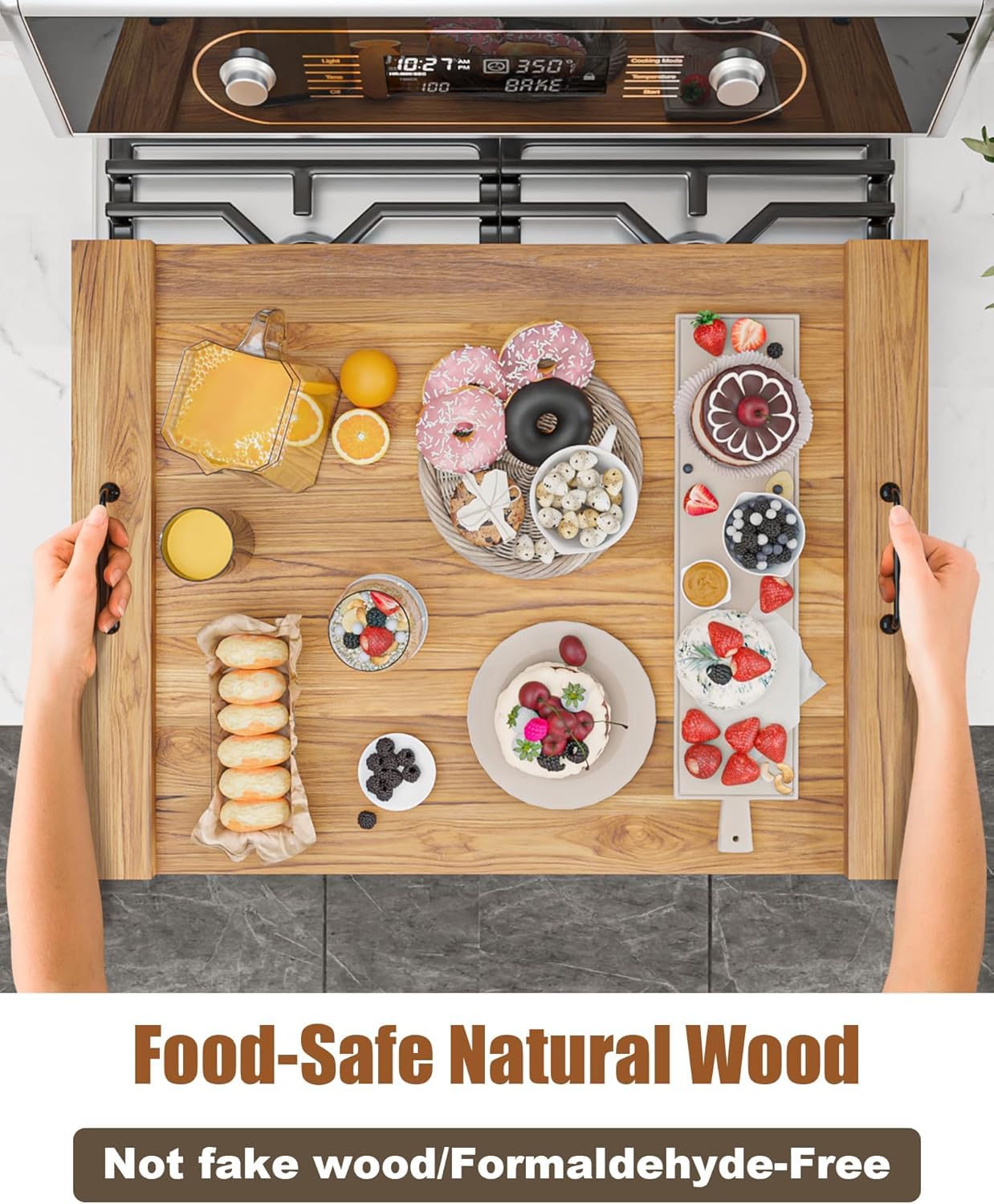 22x30 Inch Acacia Wood Noodle Board Stove Cover with Handles - Protective Stovetop Cover for Electric & Gas Ranges - Perfect for Kitchen Counter Protection & Serving Tray