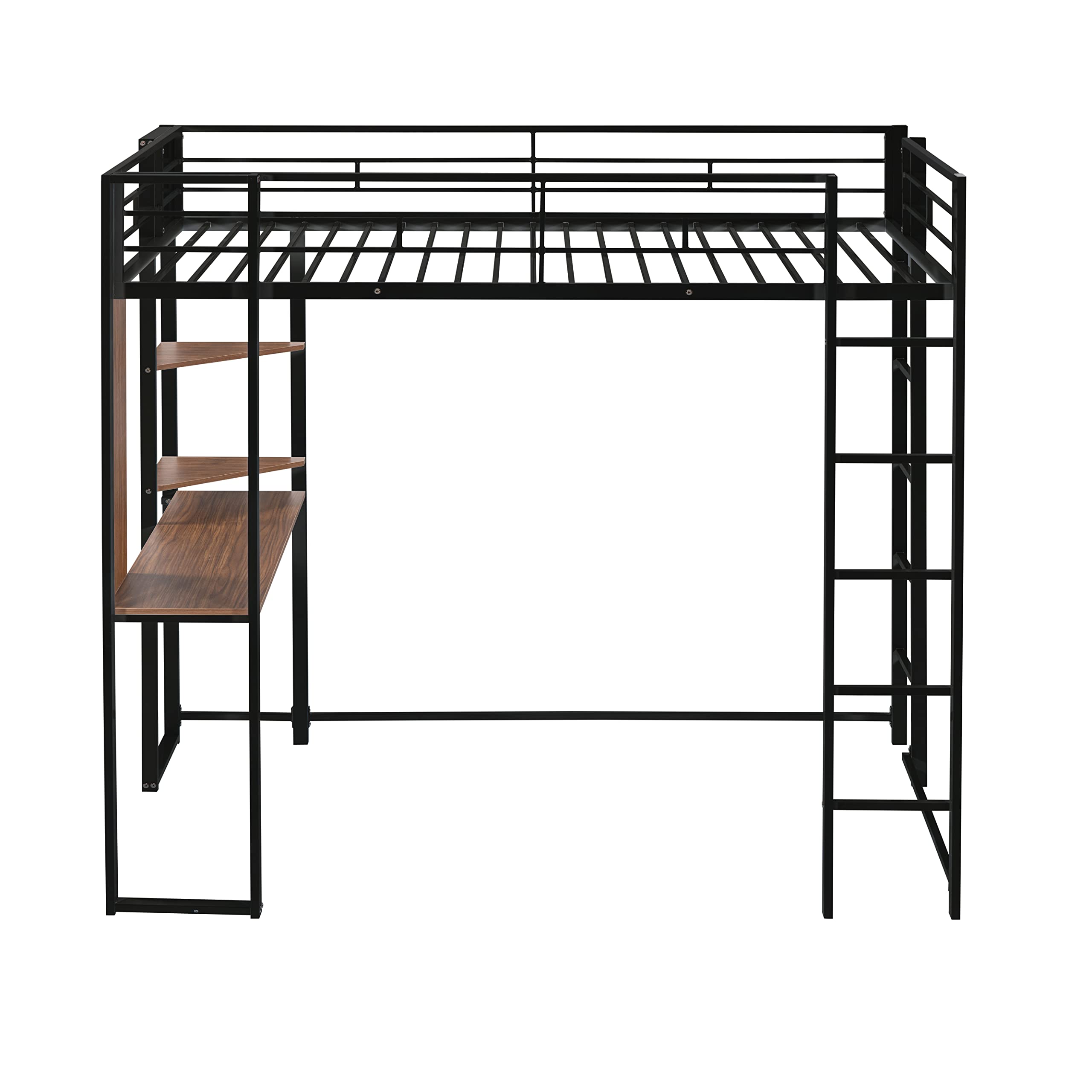 **Metal Loft Bed with Desk & Shelves - Twin Size Space-Saving Furniture with Guard Rails & Ladder - Sturdy Black Bed Frame for Kids - Perfect for Small Rooms, Dorms & Apartments**