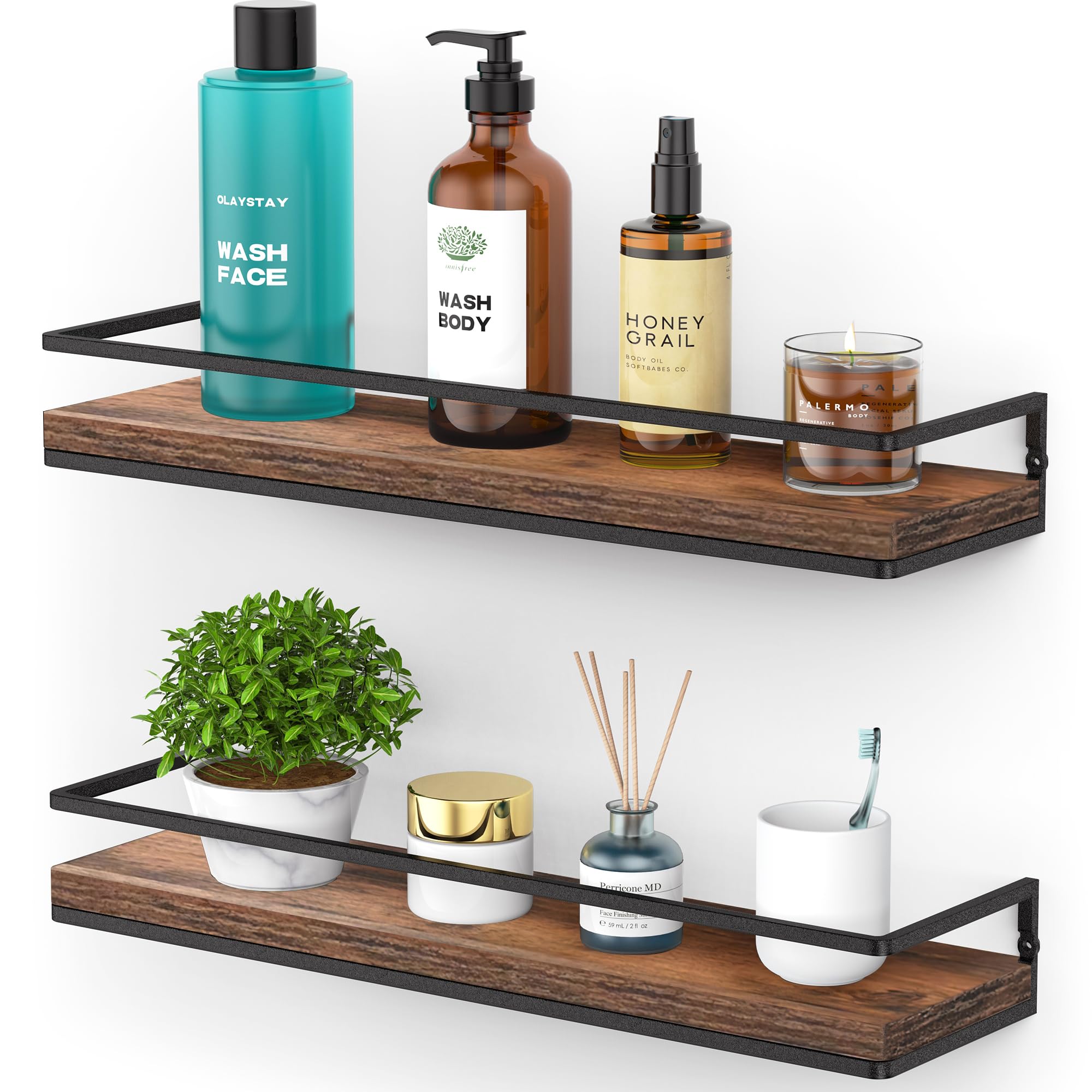Meangood Set of 2 Floating Wall Shelves - Rustic Brown Wooden Storage Shelves for Bedroom, Living Room, Bathroom & Kitchen | Perfect for Displaying Decor, Books & Organizing Small Items