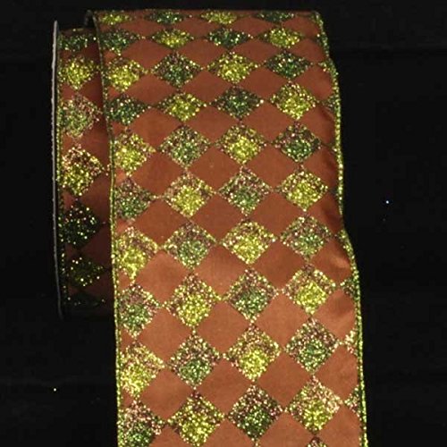 Brown & Green Glitter Harlequin Wired Craft Ribbon - 4 Inch x 20 Yards for Gift Wrapping, DIY Crafts, Scrapbooking & Holiday Decorations