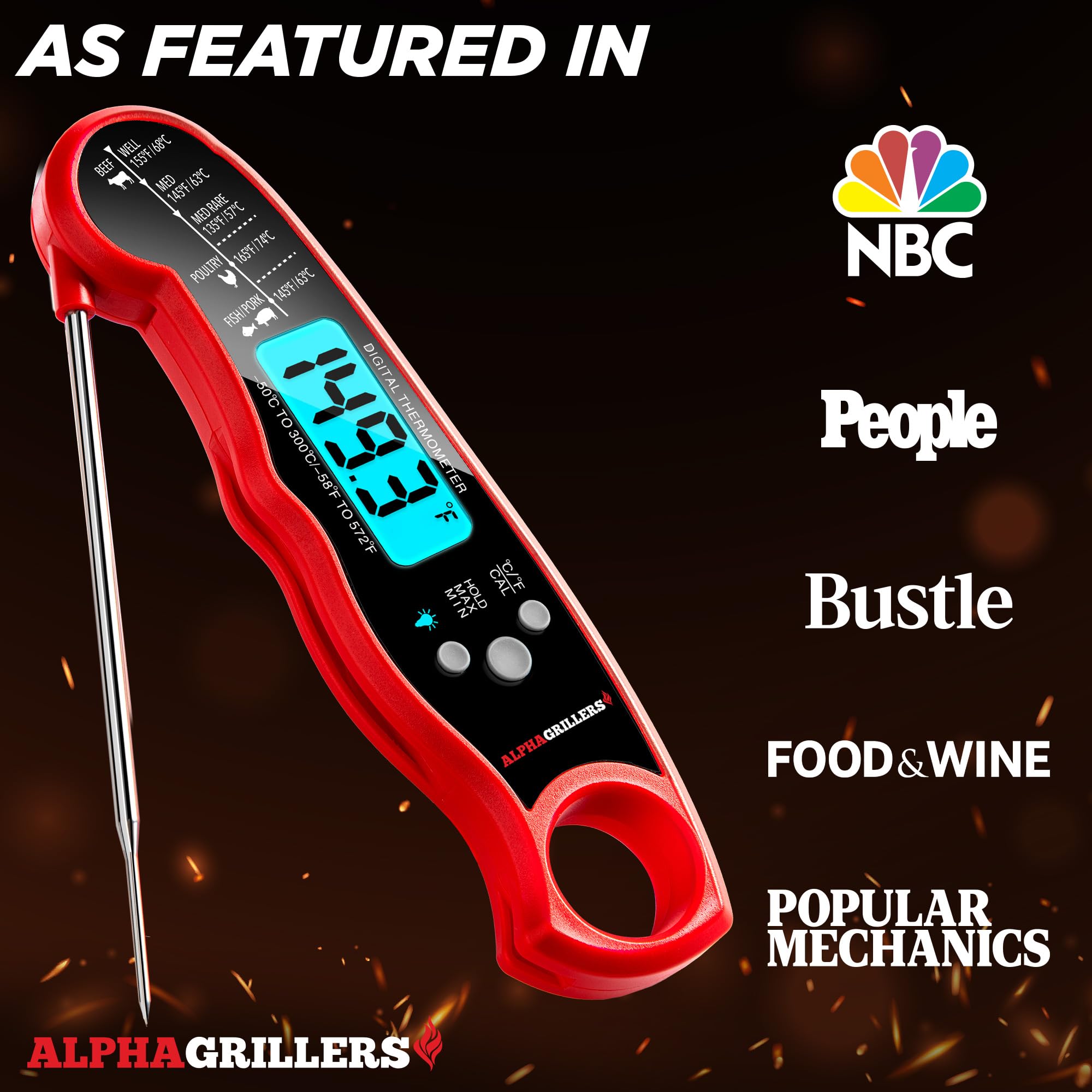 Alpha Grillers Digital Meat Thermometer - Instant Read Food Thermometer for Cooking, Grilling, Air Frying & BBQ | Waterproof Kitchen Thermometer with Backlit Display | Perfect for Steak, Chicken, Turkey & Baking | Great Gift for Men, Dad, Husband on Father's Day, Birthday & Holidays