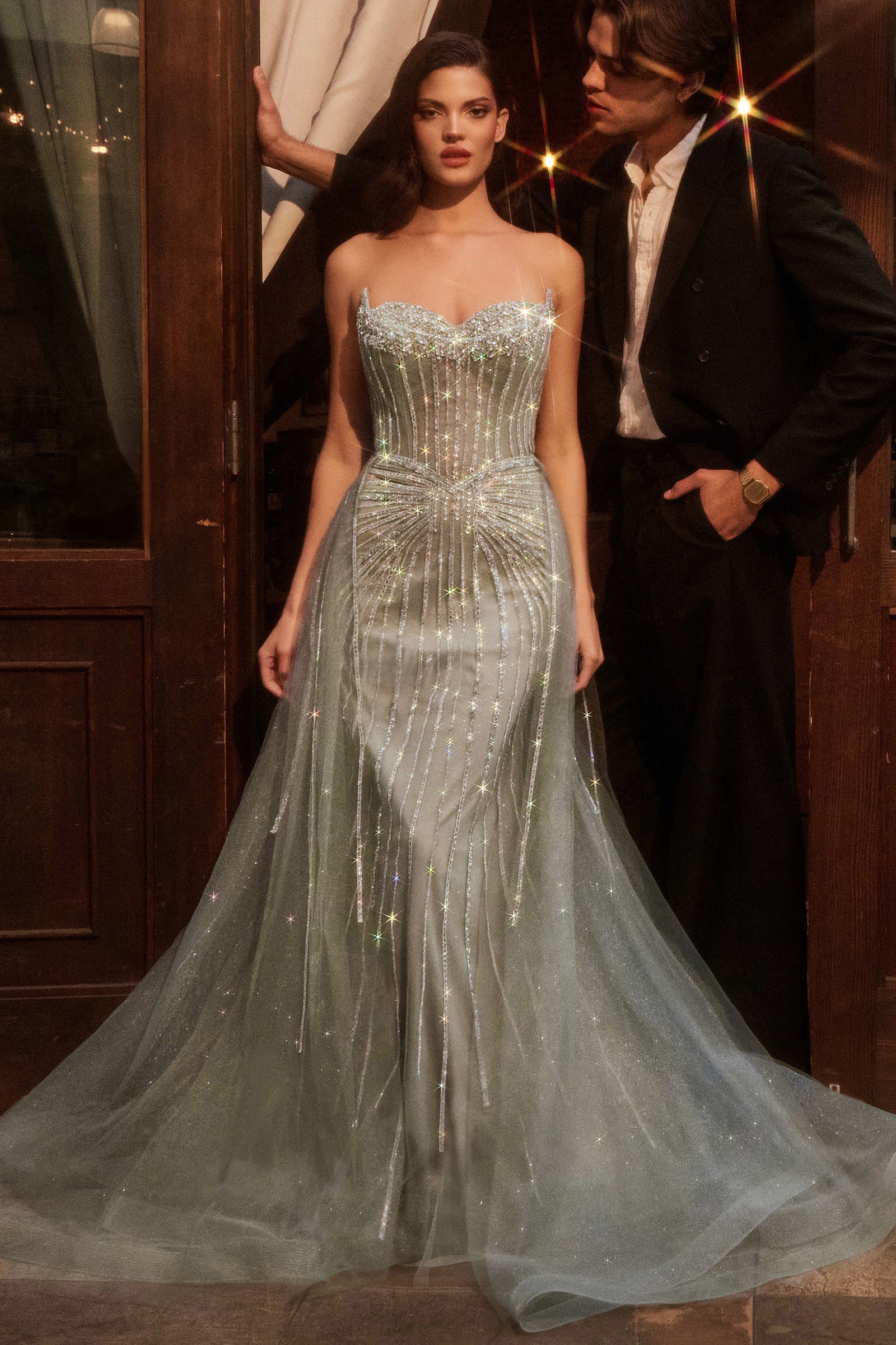 Strapless Crystal Embellished Cadence Gown with Overskirt - Elegant Evening Dress for Prom, Wedding & Formal Events