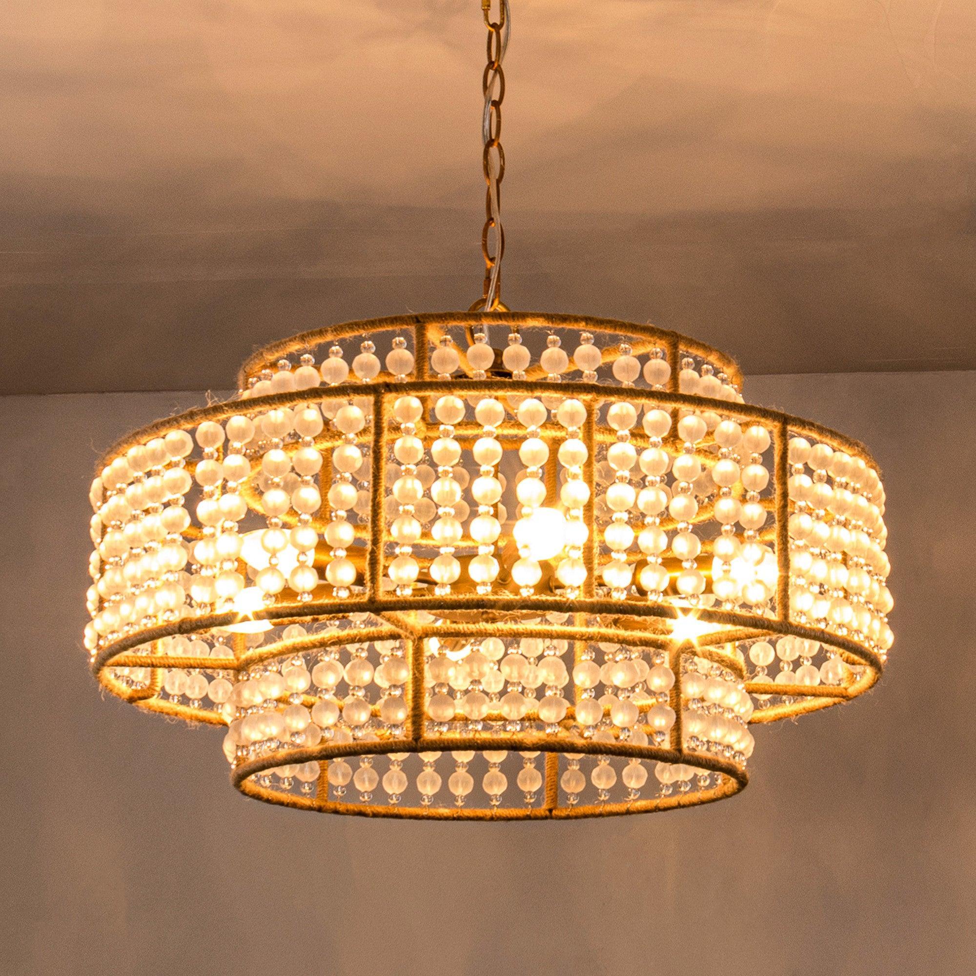 6-Light Antique Gold Farmhouse Drum Beaded Chandelier with Rope Accents - Rustic Ceiling Lighting Fixture for Dining Room, Bedroom, or Kitchen Decor