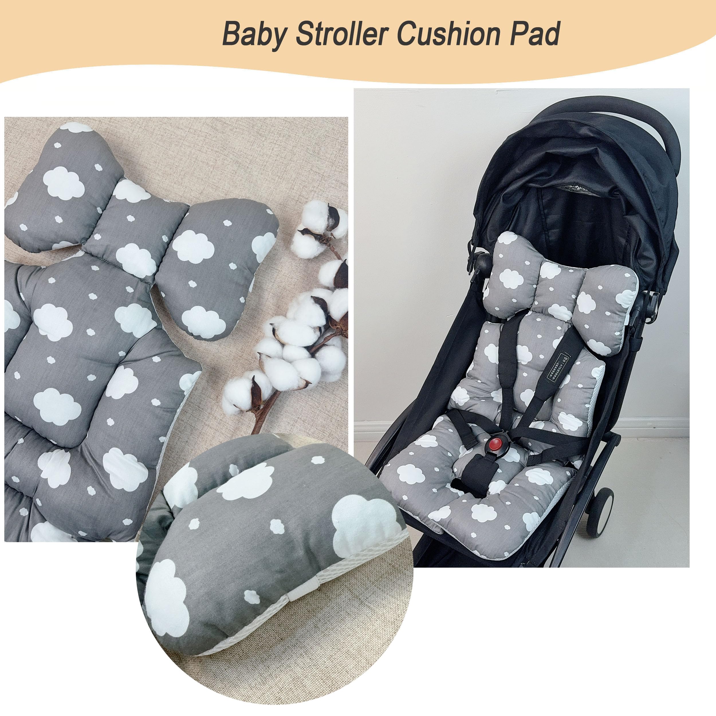 Soft & Breathable Universal Baby Stroller Seat Cushion - Cotton Mattress Pad & Car Seat Insert Liner for Boys & Girls - Fits Bassinet, Pram, Carriage - Includes Neck & Head Support - Grey Cloud - Perfect for Travel, Shopping & Daily Outings