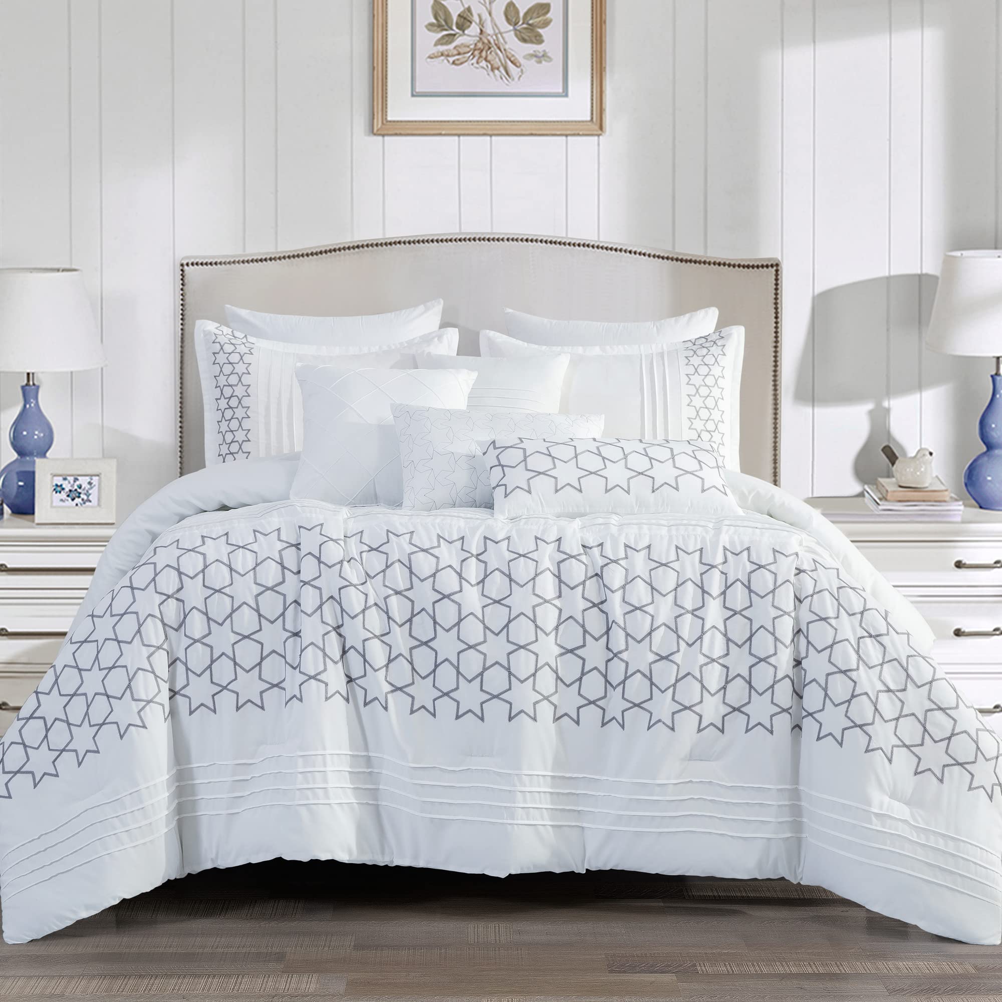 Caeciliatima Pleated Star Print King Size 7-Piece Comforter Set - White & Blue Polyester Bedding for Master Bedroom, Guest Room & Dorm Decor