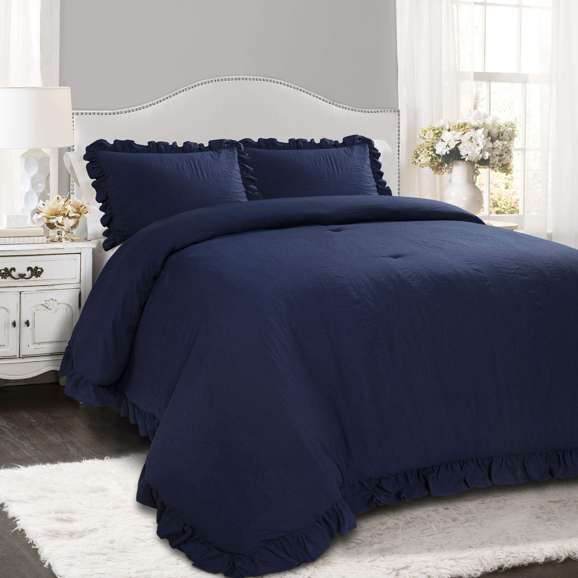 Lush Decor Reyna 3-Piece Ruffle Comforter Set - Full/Queen Navy Blue Ruffled Bedding for Cozy Comfort & Timeless Elegance - Perfect for Dorm Rooms, Guest Bedrooms & Master Suites