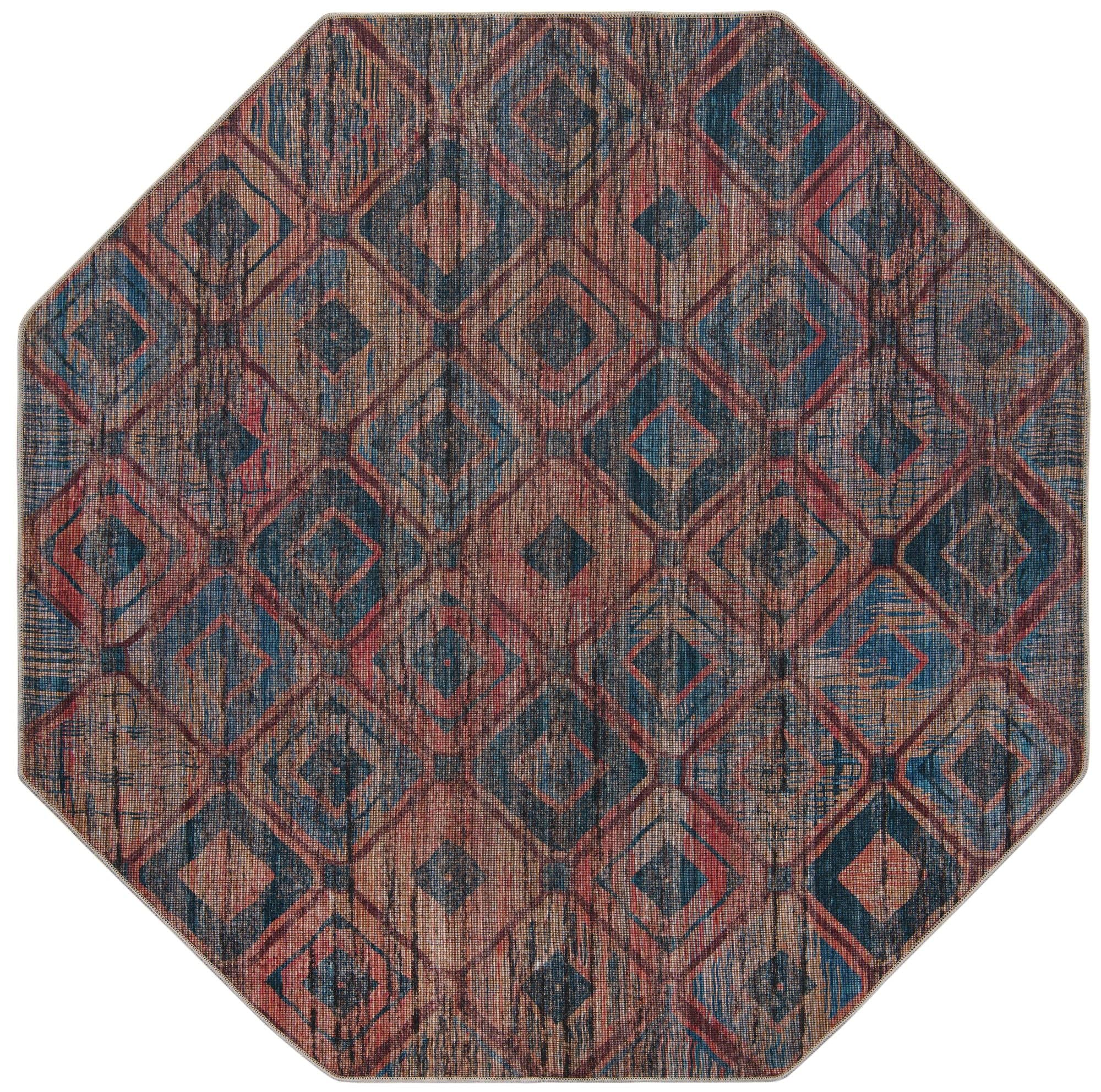 Sisu Collection Washable 8x8 Octagon Blue Flatweave Rug - Non-Slip Indoor Outdoor Rug for Living Room, Kitchen, Entryway - Machine Washable Area Rug - Perfect for High Traffic Areas & Pet Friendly Homes