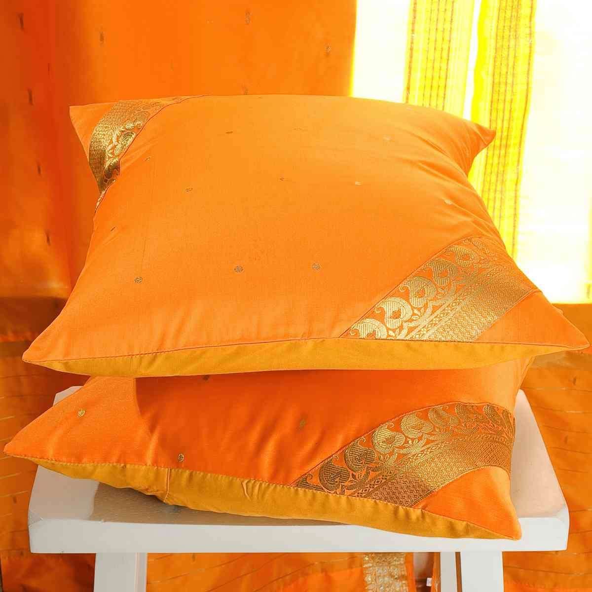Handmade Autumn Pumpkin Sari Pillow Covers Set of 2 - 16x16 Inch Bohemian Throw Pillow Cases with Zipper Closure - Indian Sari Home Decor for Living Room, Bedroom, Sofa & Boho Style Interior Design