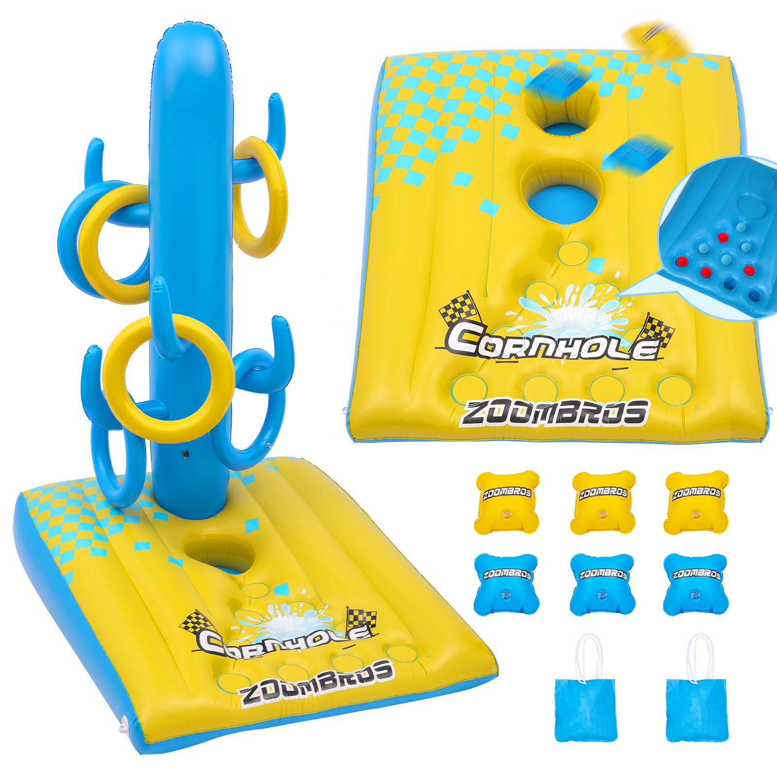 2-in-1 Inflatable Cornhole & Ring Toss Game Set with 6 Bean Bags - Floating Pool Party Games for Adults, Teens and Family - Perfect for Backyard BBQs, Beach Parties and Summer Fun