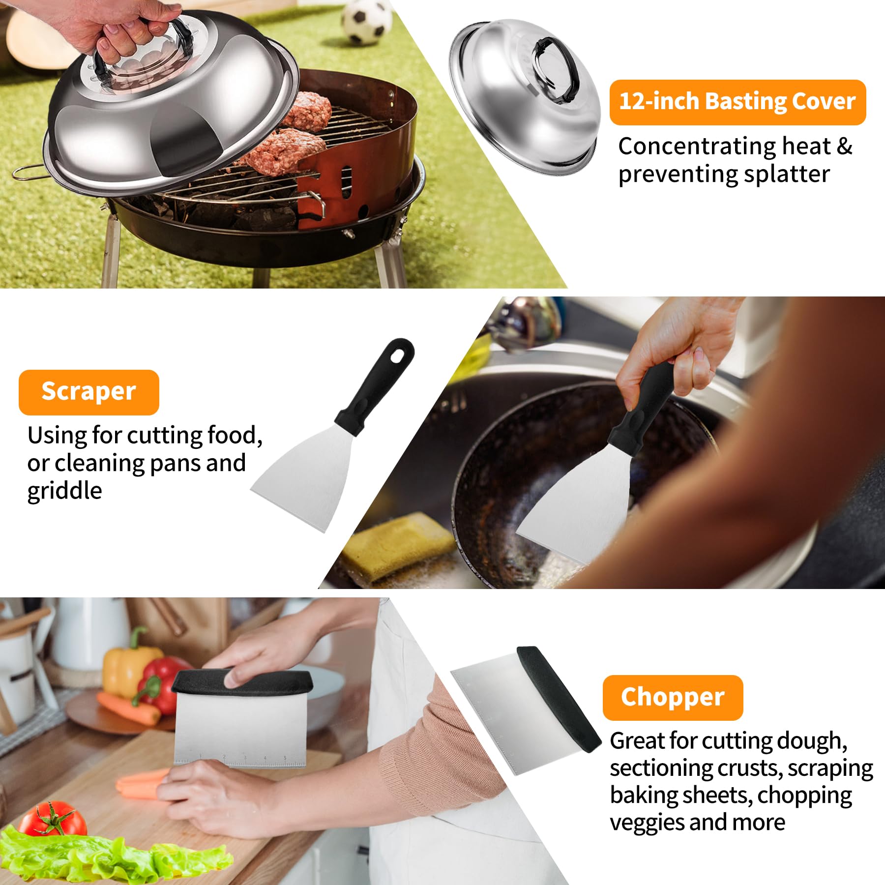 **14-Piece Flat Top Grill Accessories Kit for Blackstone & Camp Chef – Spatula, Scraper, Basting Cover – Perfect for Outdoor BBQ, Camping & Backyard Grilling**