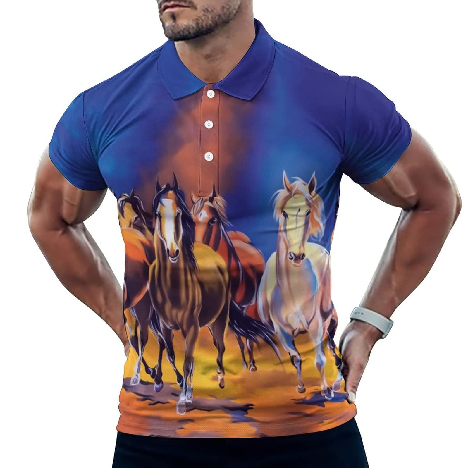 Men's Quick Dry Short Sleeve Polo Shirt with Watercolor Horse Print - Perfect for Summer Outdoor Activities, Golf & Casual Wear