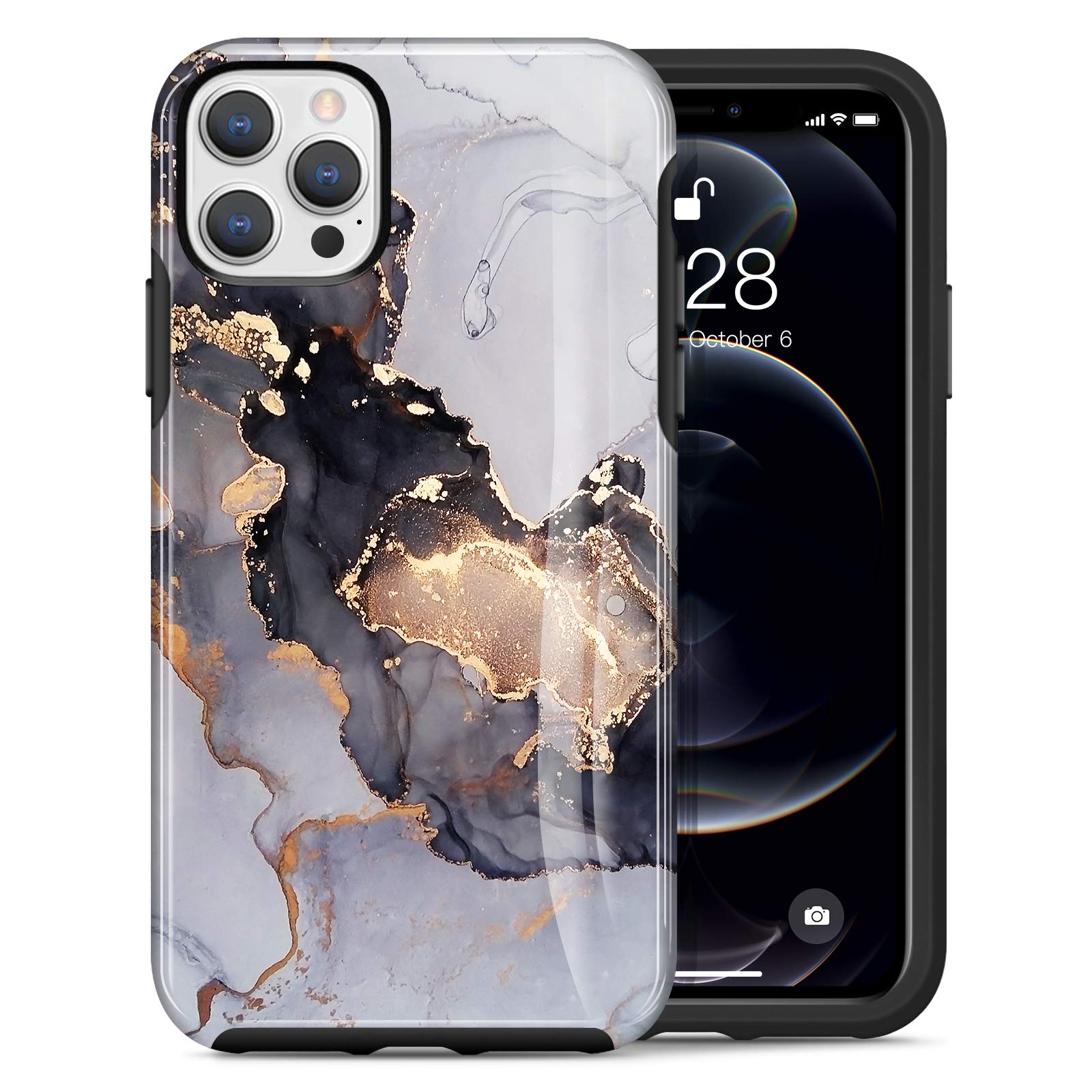 Dutyway Marble Case for iPhone 12 Pro Max 6.7 inch - Durable Shockproof Protective Cover with Soft Rubber & Hard PC - Cute Black Marble Design for Women - Anti-Fall Sturdy Phone Case (Perfect for Daily Use, Travel, and Outdoor Activities)