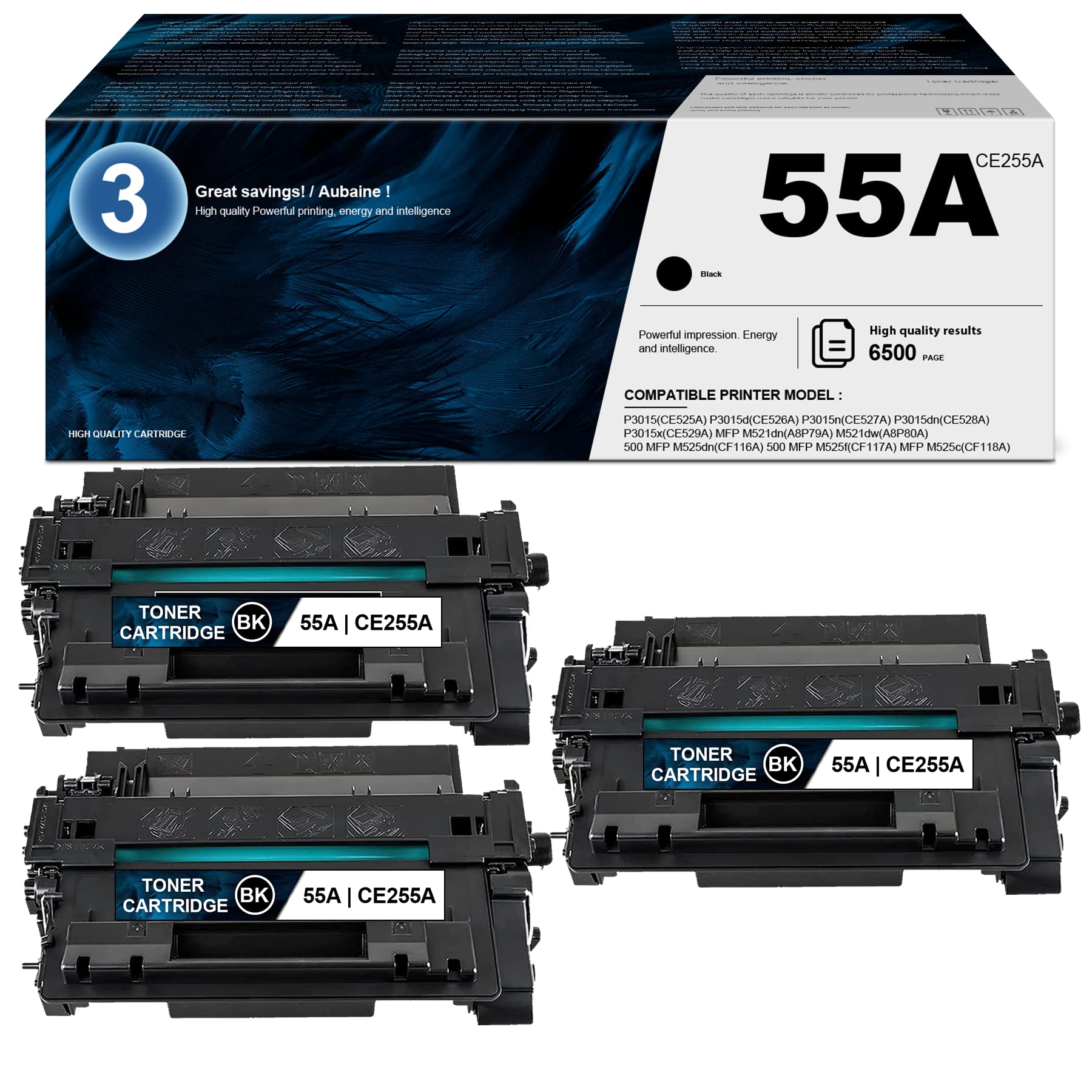 High Yield CE255A Toner Cartridge (3-Pack) - Compatible with HP P3015 MFP, M521, M525 Series Printers - Black Ink Replacement for Office & Home Printing Needs