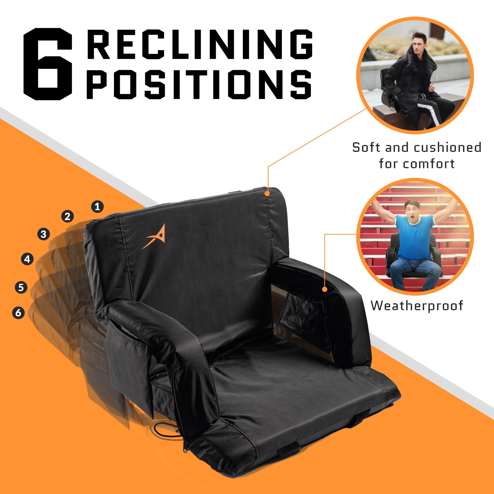 Upgraded Massage Bleacher Seat with Backrest - 3-Level Adjustable Massage, Memory Foam Cushion & 4 Storage Pockets - Includes USB Battery - Perfect for Stadiums, Bleachers, Outdoor Sports & Picnics