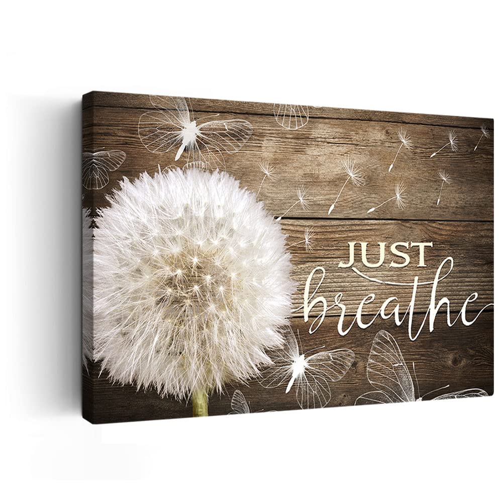 White Dandelion & Butterflies Canvas Wall Art - Framed Floral Print Ready to Hang (12x18 Inch) for Living Room, Bedroom & Bathroom Decor | Inspirational Just Breathe Quote Home Decor | Perfect for Meditation Spaces & Gift Giving