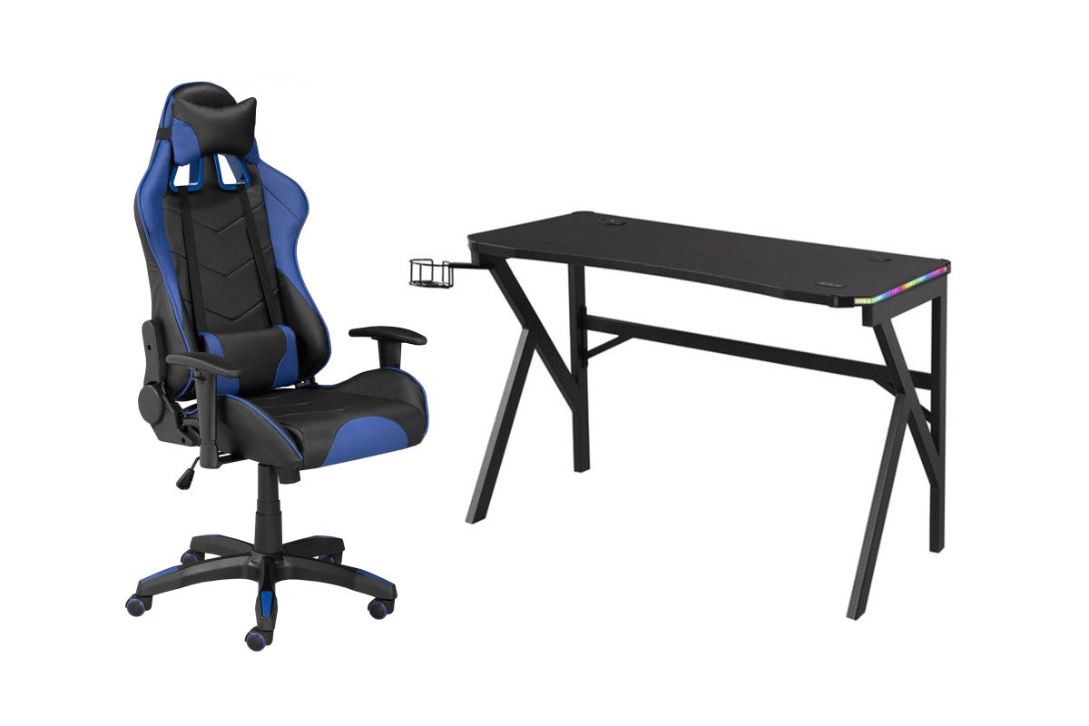 Premium Gaming Desk & Chair Set - Ergonomic Blue & Black Computer Desk with Comfortable Racing Style Chair for PC & Console Gamers - Perfect for Home Office, Streaming & Esports Setup