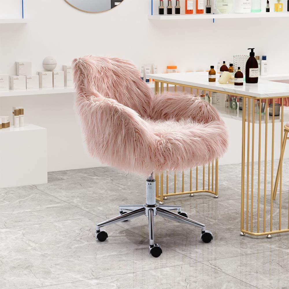 Elegant Pink Faux Fur Vanity Chair with Wheels - Modern Comfy Makeup Desk Chair for Girls & Women - Perfect for Bedroom, Living Room & Dressing Room Decor