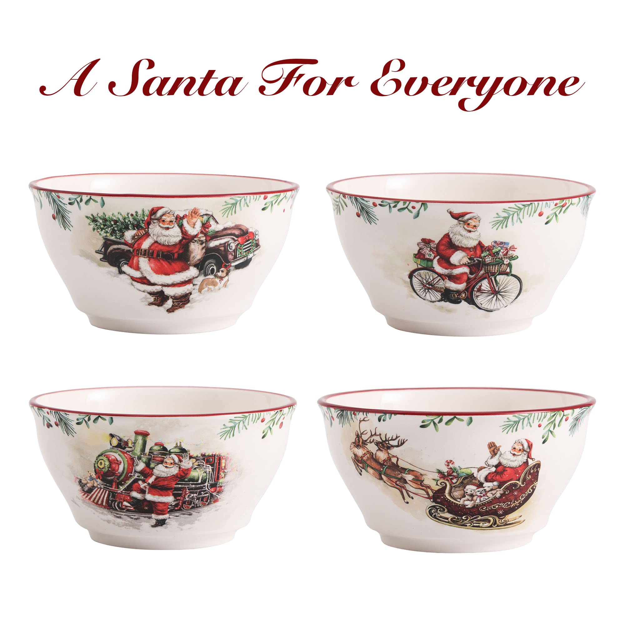 Santa On The Way Ceramic Cereal Bowls Set of 4 - Microwave & Dishwasher Safe Pasta, Salad, Soup Bowls - Perfect for Breakfast, Family Dinners & Holiday Gatherings