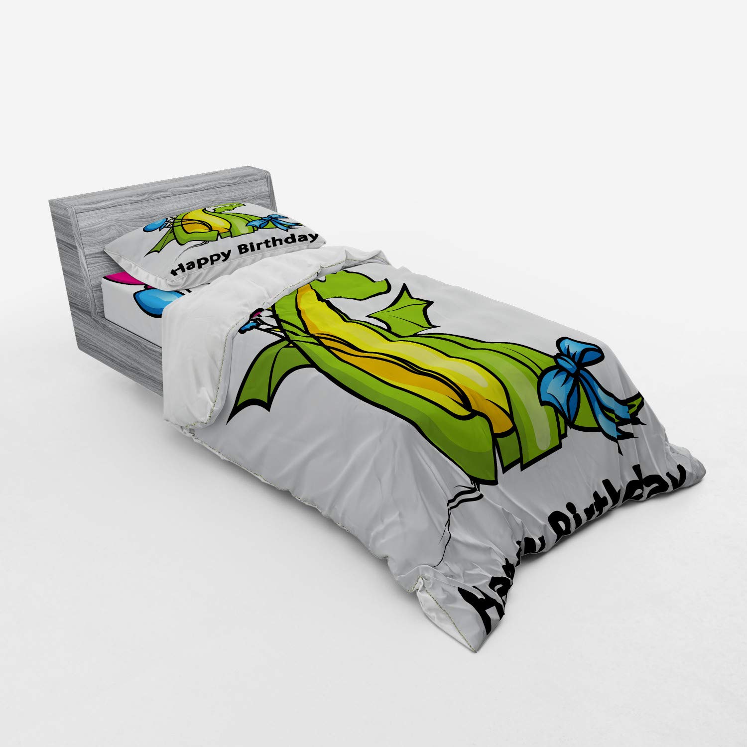 Ambesonne Dinosaur Themed Birthday Bedding Set - 3 Piece Duvet Cover with Sham & Fitted Sheet, Twin XL Size, Fern Green & Yellow - Perfect for Kids' Room Decor, Dinosaur Party Theme, and Birthday Gift Ideas