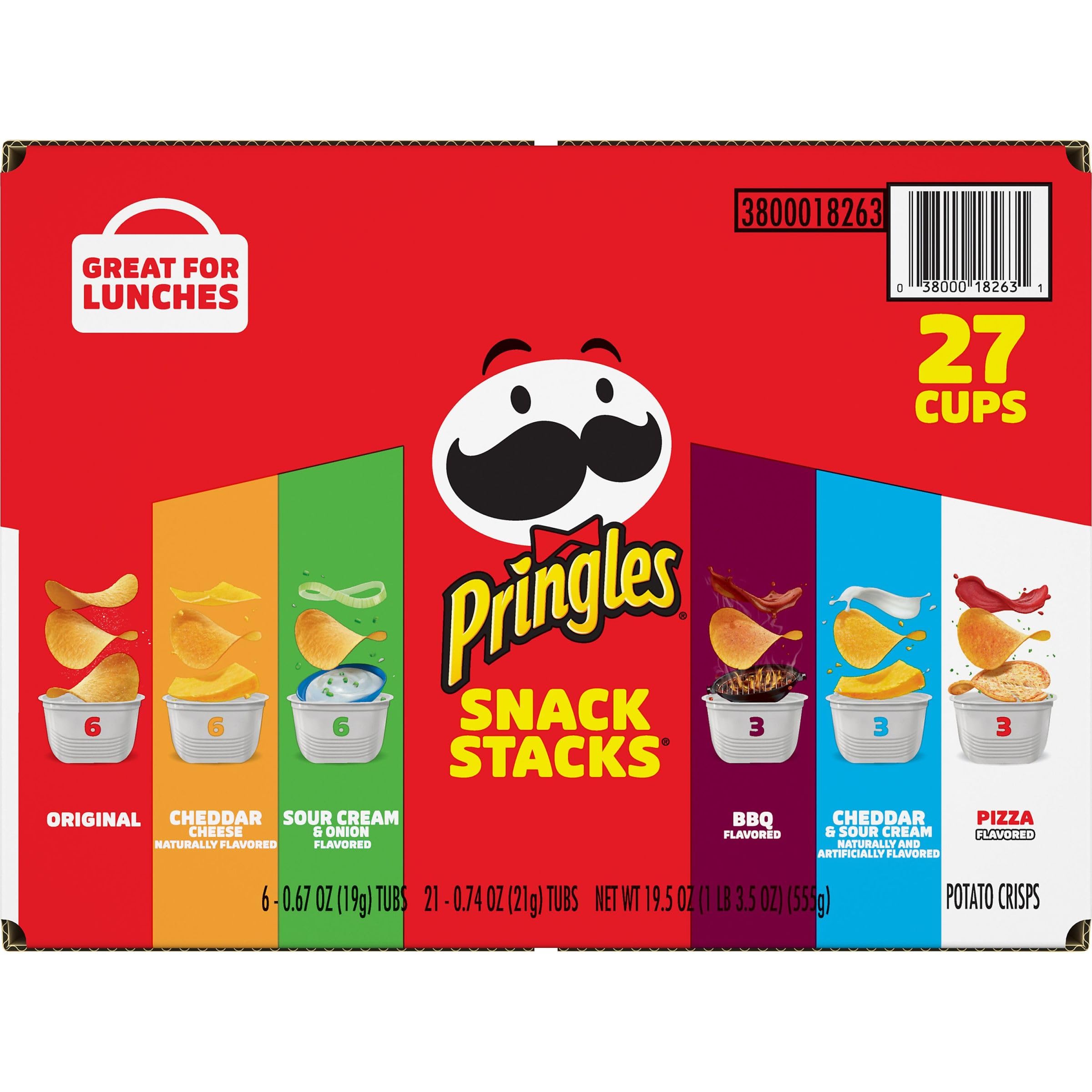 Pringles Potato Crisps Variety Pack (27 Cups) - Original, Sour Cream & Onion, BBQ - Perfect for Lunch, Office, Kids Snacks & Party Food - Crunchy & Delicious Snack Stacks for Any Occasion