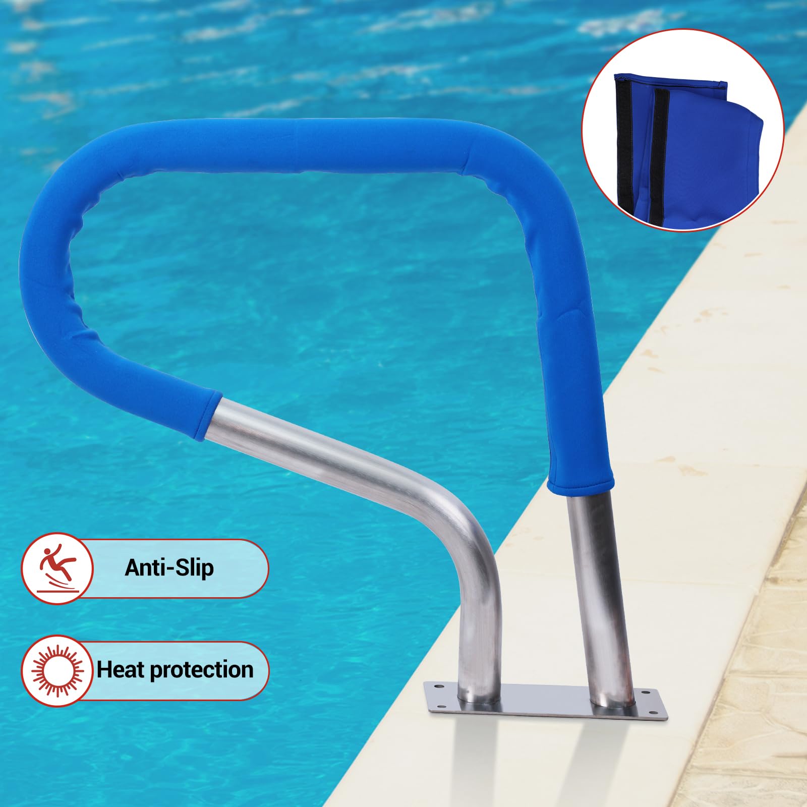 32 x 23 Inch 304 Stainless Steel Swimming Pool Handrail with Blue Grip Cover - Rustproof Safety Rail for Inground Pools - Perfect for Pool Entry/Exit & Elderly/Swimmer Support