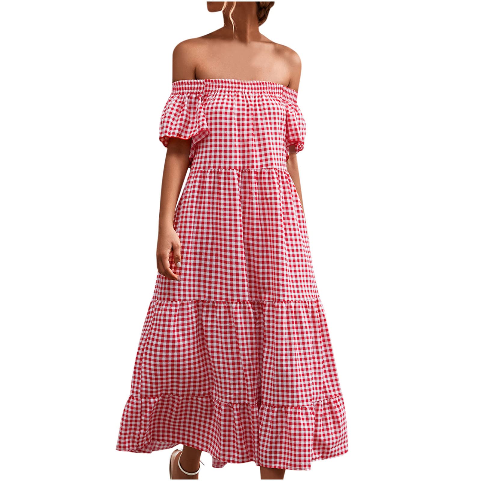 Women's Summer Casual Plaid Print Off-Shoulder Long Dress with Pockets - Sleeveless Beach Maxi Dress for Ladies | Perfect for Vacations, Beach Outings & Summer Parties