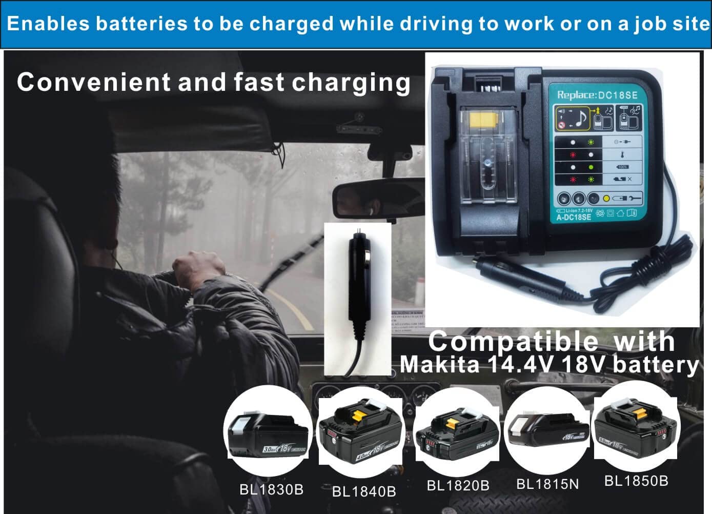 Makita DC18SE Compatible Lithium Ion Car Battery Charger for BL1835B BL1845B BL1820B BL1815B BL1835 BL1840 - Fast Vehicle Charging for Power Tools, DIY Projects, and Emergency Car Battery Boost