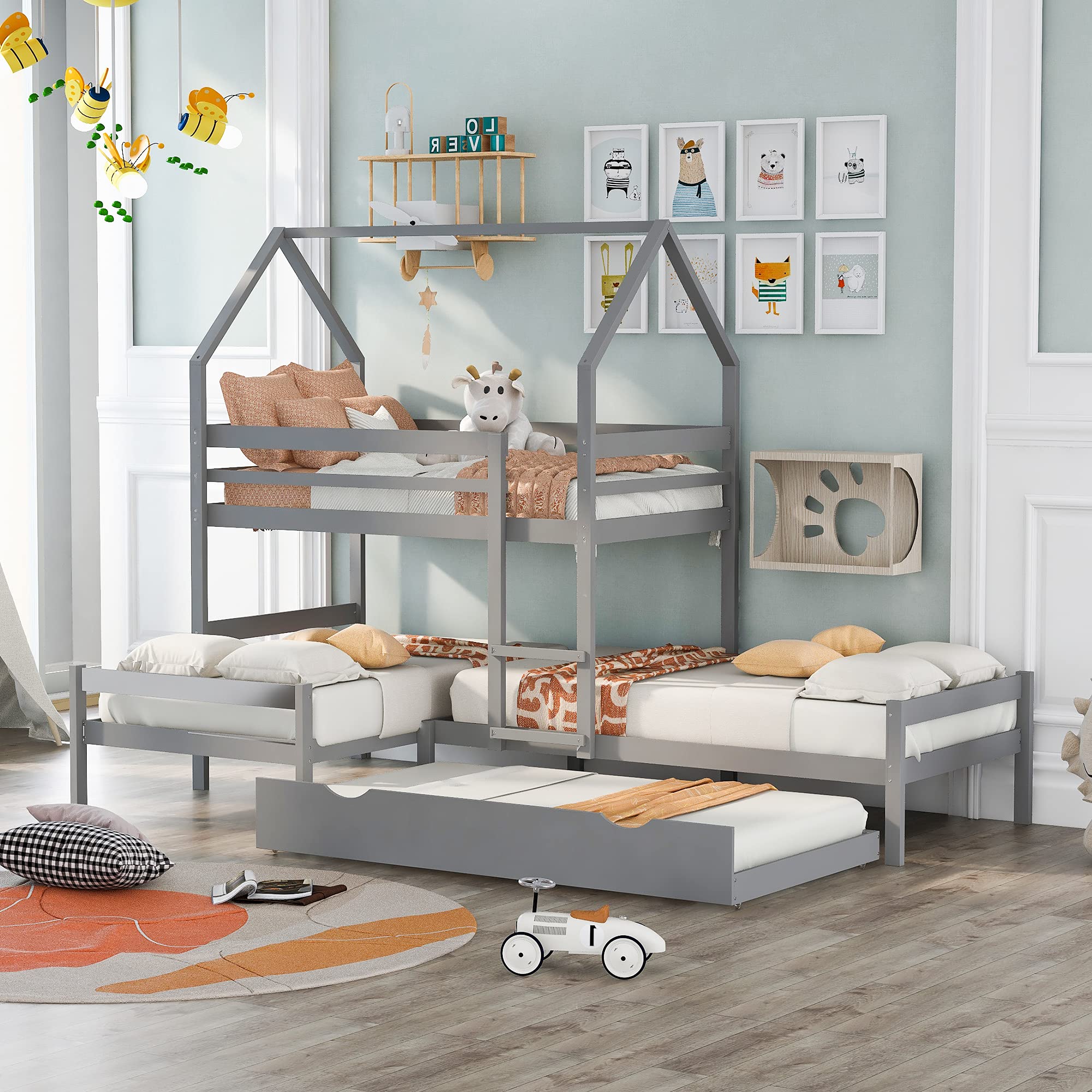 LXBB L-Shaped Triple Bunk Bed with Trundle - Wooden Loft Bed Frame with Roof, Guardrail & Ladder - 4 Twin Size Beds for Teens, Kids & Adults - Space Saving Bedroom Furniture for Small Rooms (Gray) - Perfect for Shared Kids' Rooms, Vacation Homes & Dormitories