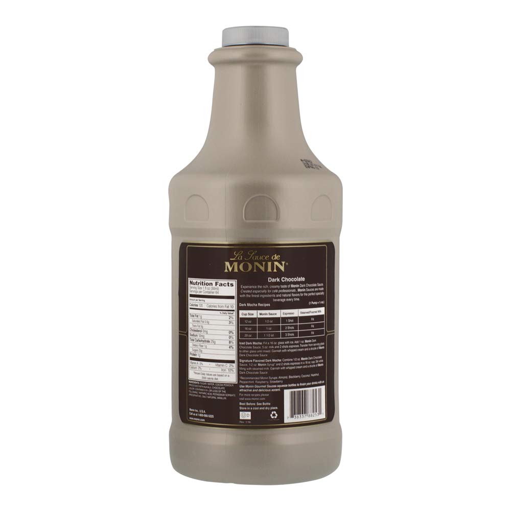 Monin Gourmet Dark Chocolate Sauce - Velvety Rich Gluten-Free Non-GMO Dessert Topping (64oz) Perfect for Ice Cream, Coffee, Pancakes & Baking