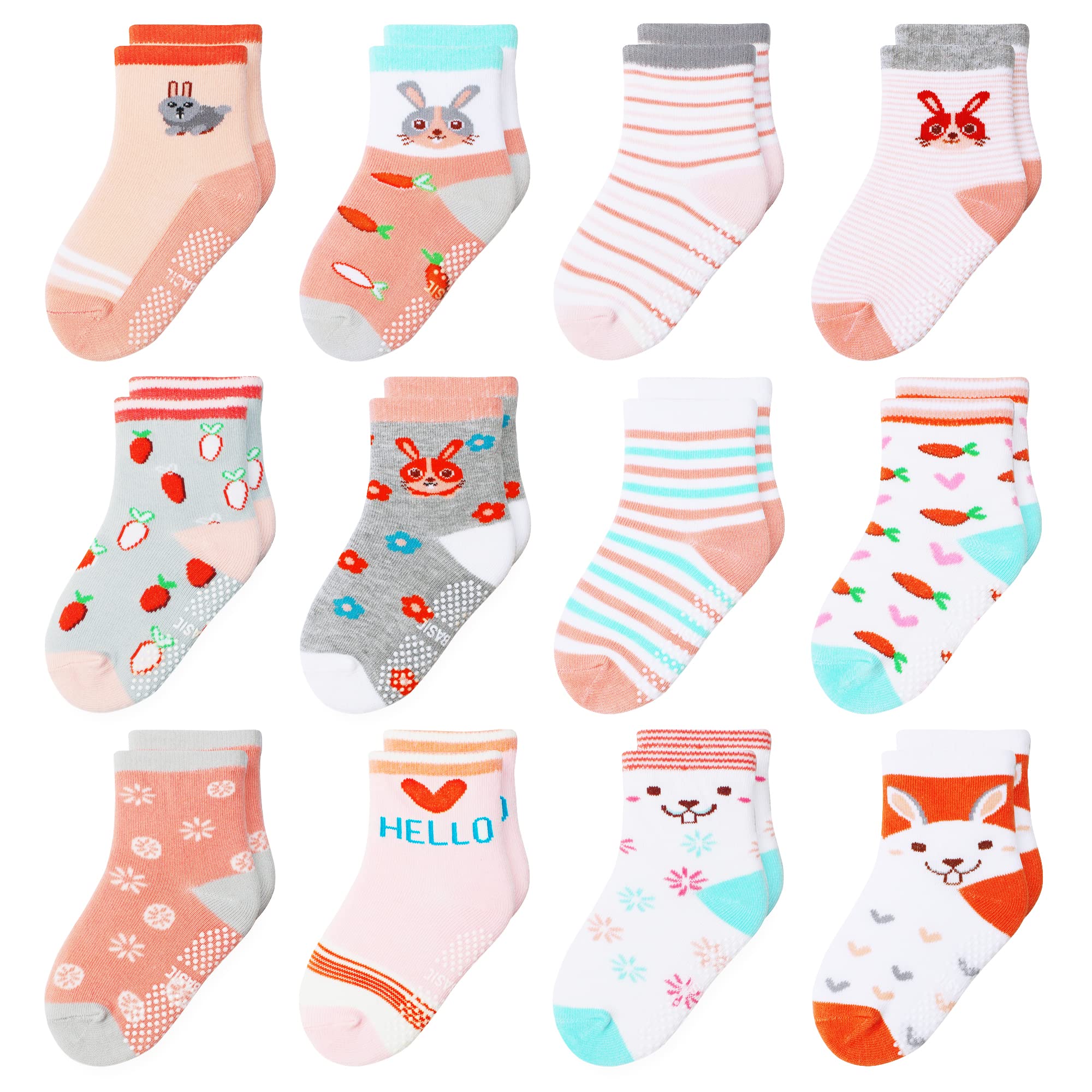 Non-Slip Cotton Crew Socks for Toddlers 1-7 Years | 12 Pairs Unisex Baby Socks with Grips | Soft & Comfortable for Boys & Girls 12-24 Months | Perfect for Playtime, Daycare & First Steps