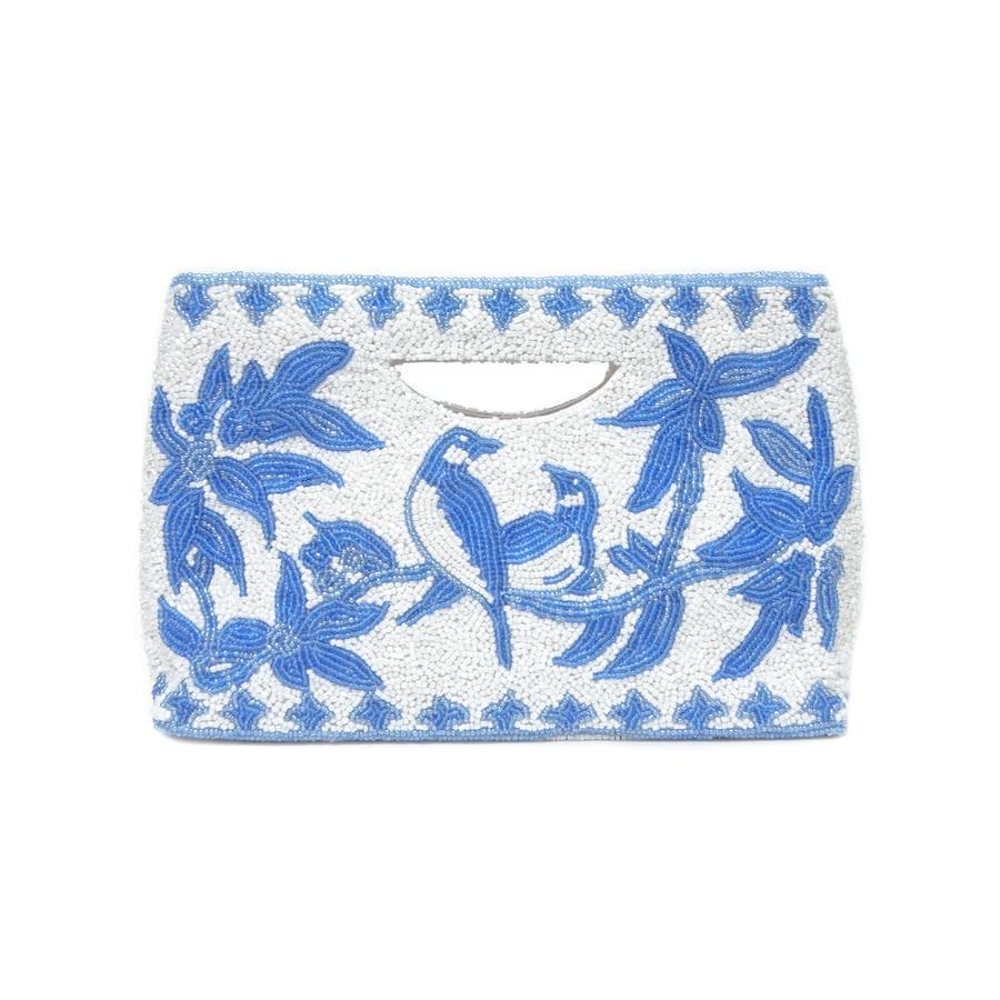 Stylish Blue & White Beaded Bird Design Crossbody Handbag with Expandable Gusset - Perfect for Women's Fashion, Parties & Everyday Use