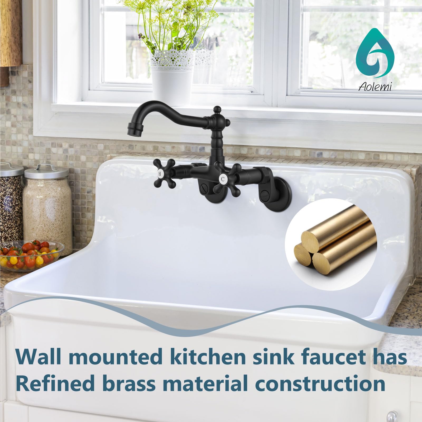 Aolemi Matte Black Wall Mount Kitchen Faucet with 2 Cross Handles & 6