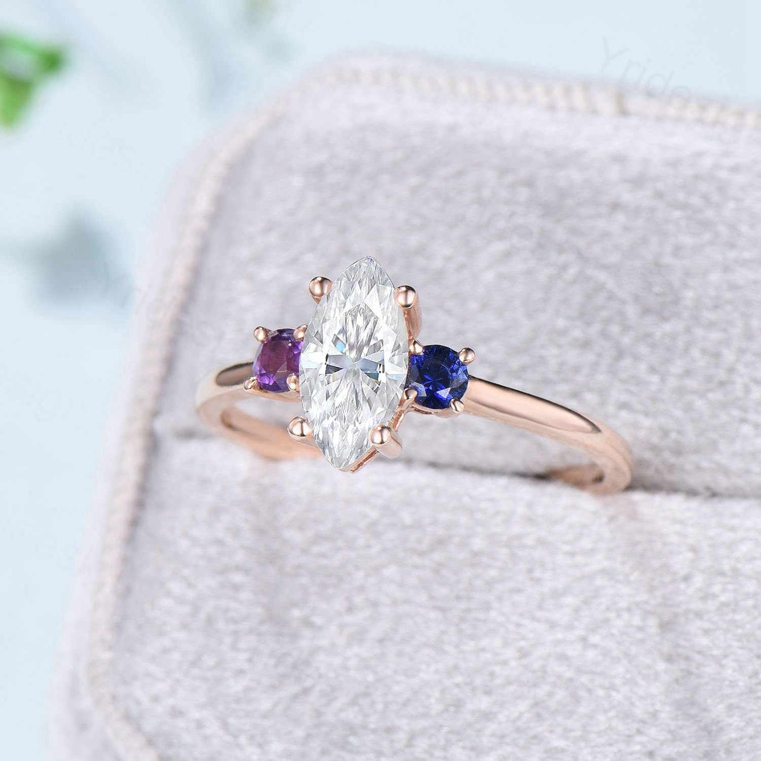 Elegant Marquise Cut Moissanite Engagement Ring in Rose Gold - Minimalist Three Stone Wedding Band with Sapphire & Amethyst Accents - Women's Promise Ring for Proposals, Anniversaries & Special Occasions