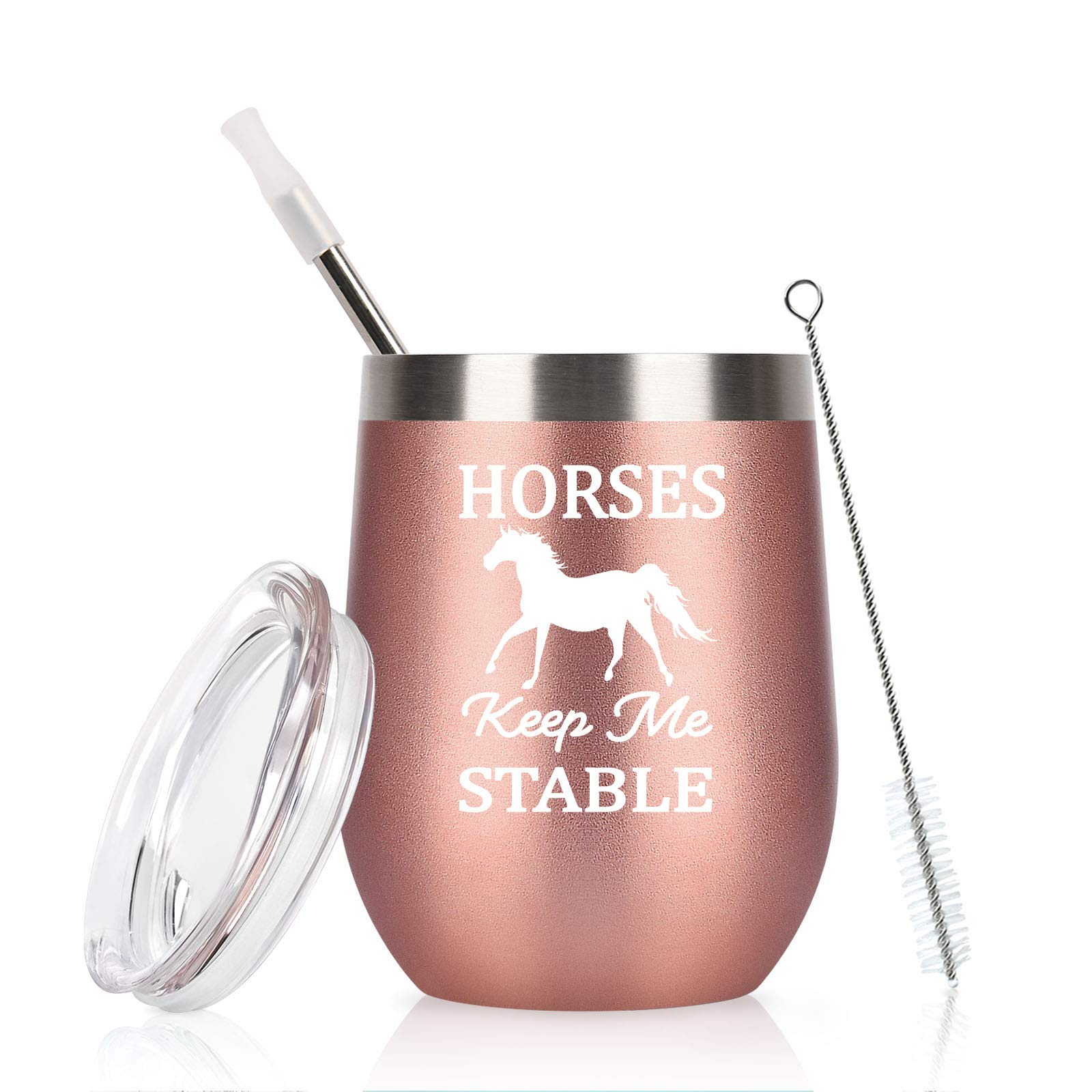 Funny Horse Lovers Wine Tumbler - 12oz Insulated Stainless Steel Cup with Lid - Perfect Birthday & Christmas Gift for Women, Girls, Mom, Friends - Rose Gold - Great for Equestrian Events, Barn Parties & Stable Life