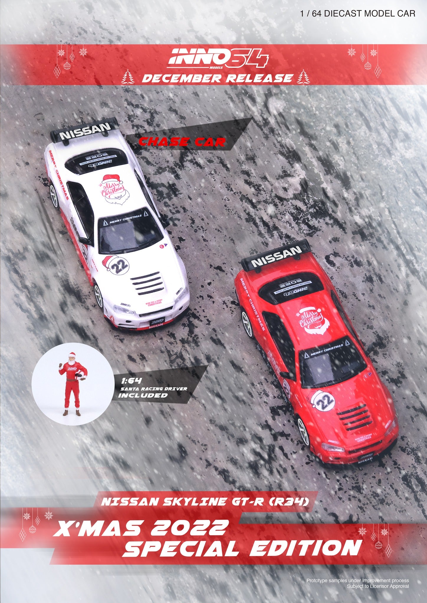 INNO64 1:64 Scale Nissan Skyline GT-R R34 R Tune 2022 Christmas Special Edition - Collectible Diecast Model Car for Display, Gifts & Racing Enthusiasts