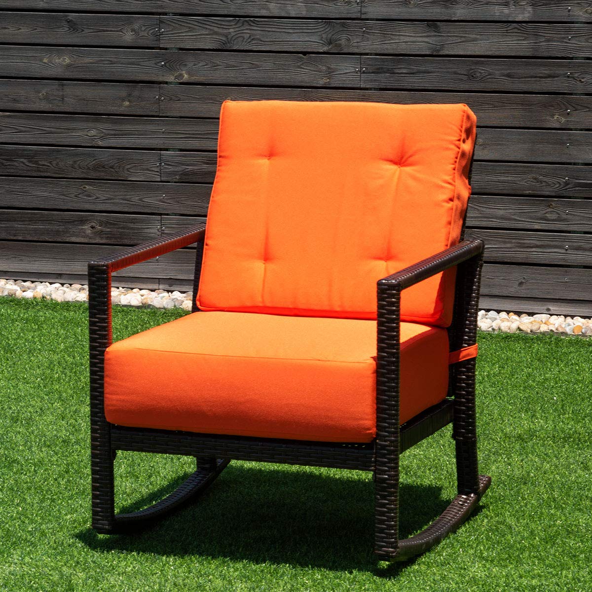 Tangkula Orange Rattan Rocking Chair - Outdoor Patio Rocker with Cushion, Weather-Resistant Wicker Armchair for Garden, Porch & Backyard Relaxation