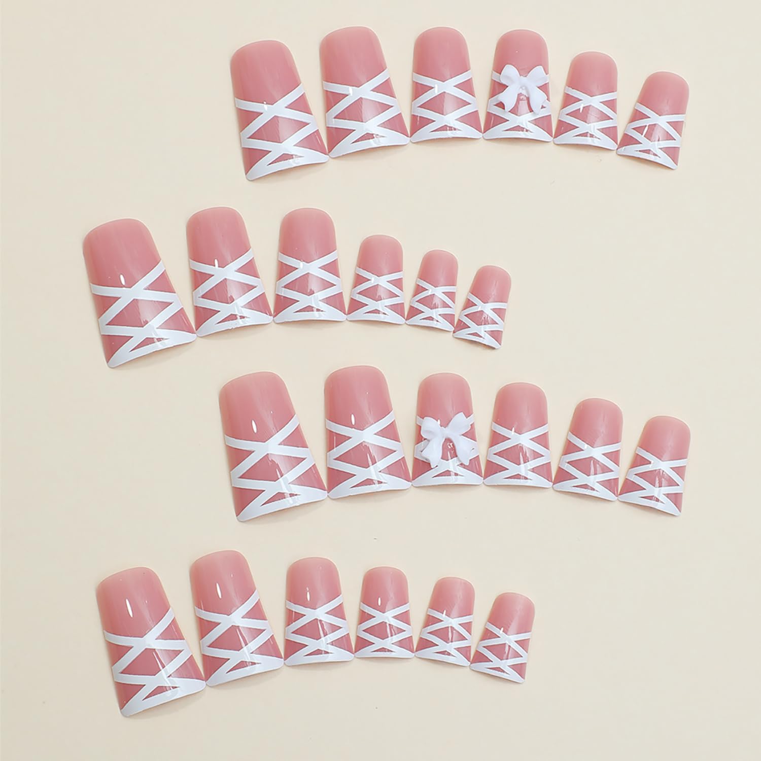 24Pcs Duck Shape Press on Nails - Glossy Full Cover Acrylic Medium Pink Fake Nails with Bow Designs | Reusable Artificial Nails with Charm & Glue | Perfect for Women & Girls | Great for Parties, Weddings, and Daily Wear