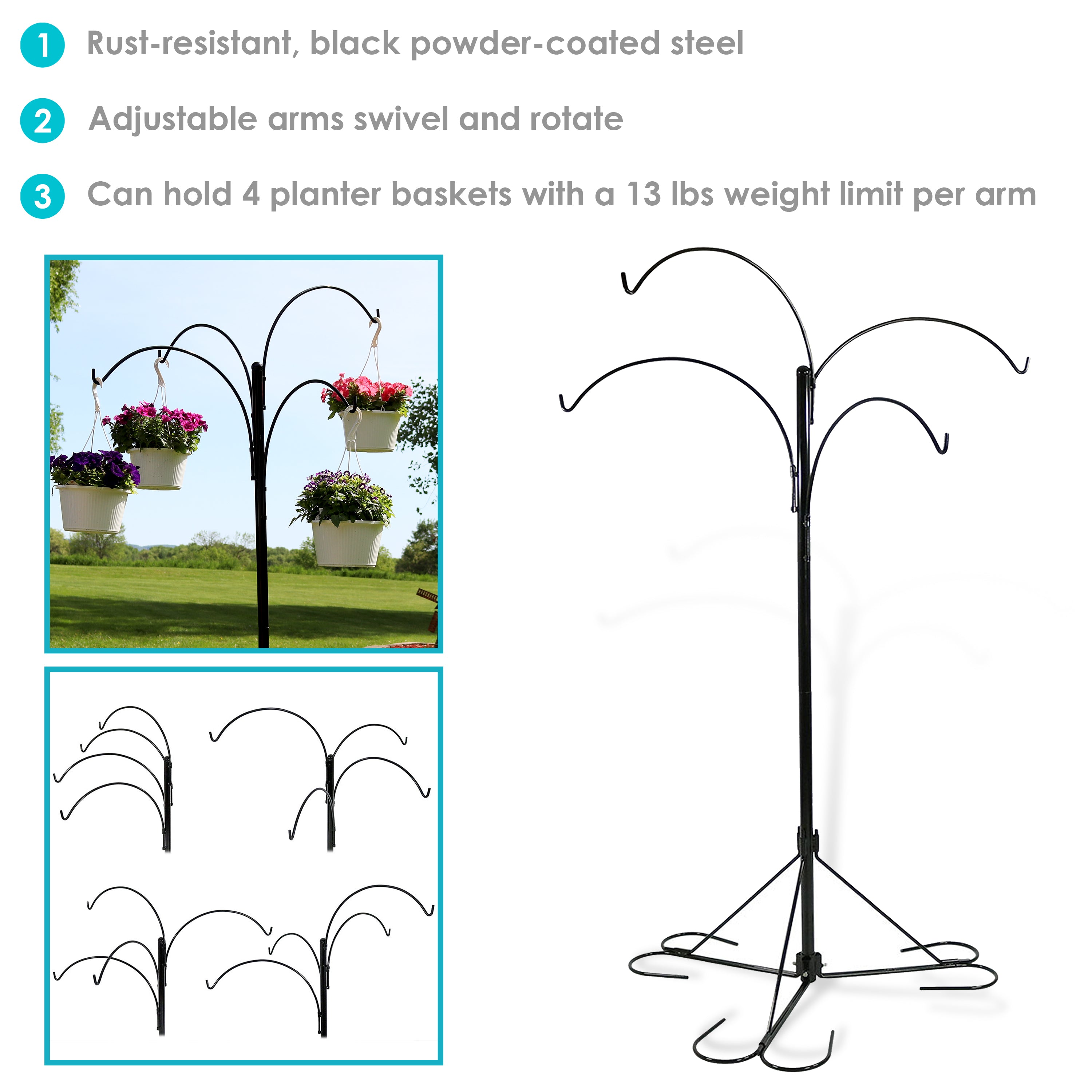Sunnydaze 4 Arm Adjustable Hanging Basket Stand - 84 Inch Height for Patio, Garden, Porch & Outdoor Decor - Perfect for Flowers, Plants & Herbs
