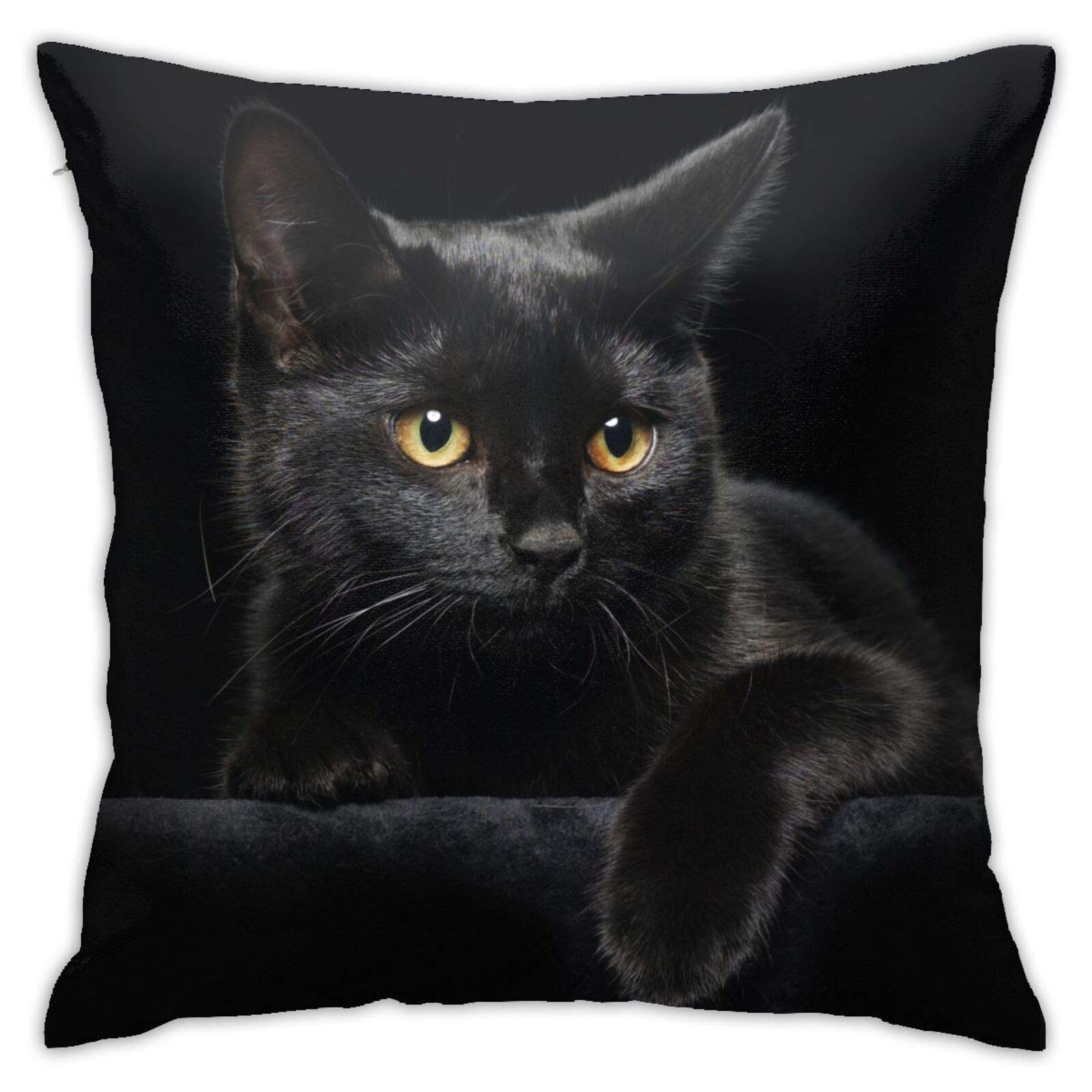 Black Cat with Yellow Eyes Decorative Throw Pillow Cover 18x18 Inch - Square Cushion Cover with Zipper for Sofa, Bed & Home Decor - Halloween & Gothic Style Home Accessories