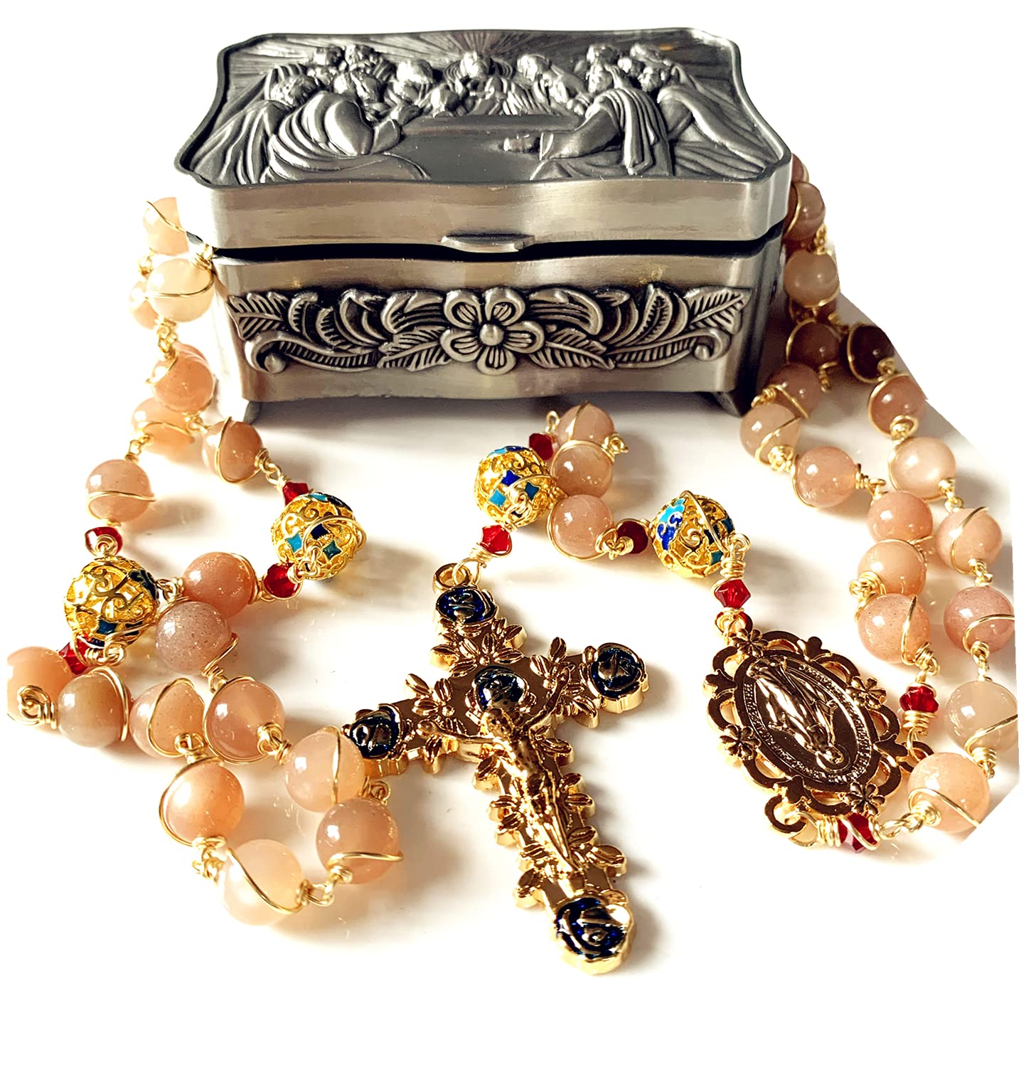 Handmade Orange Moonstone & Enamel Beads Rosary Cross Necklace - Catholic Women's Jewelry Gift for Baptism, First Communion & Prayer