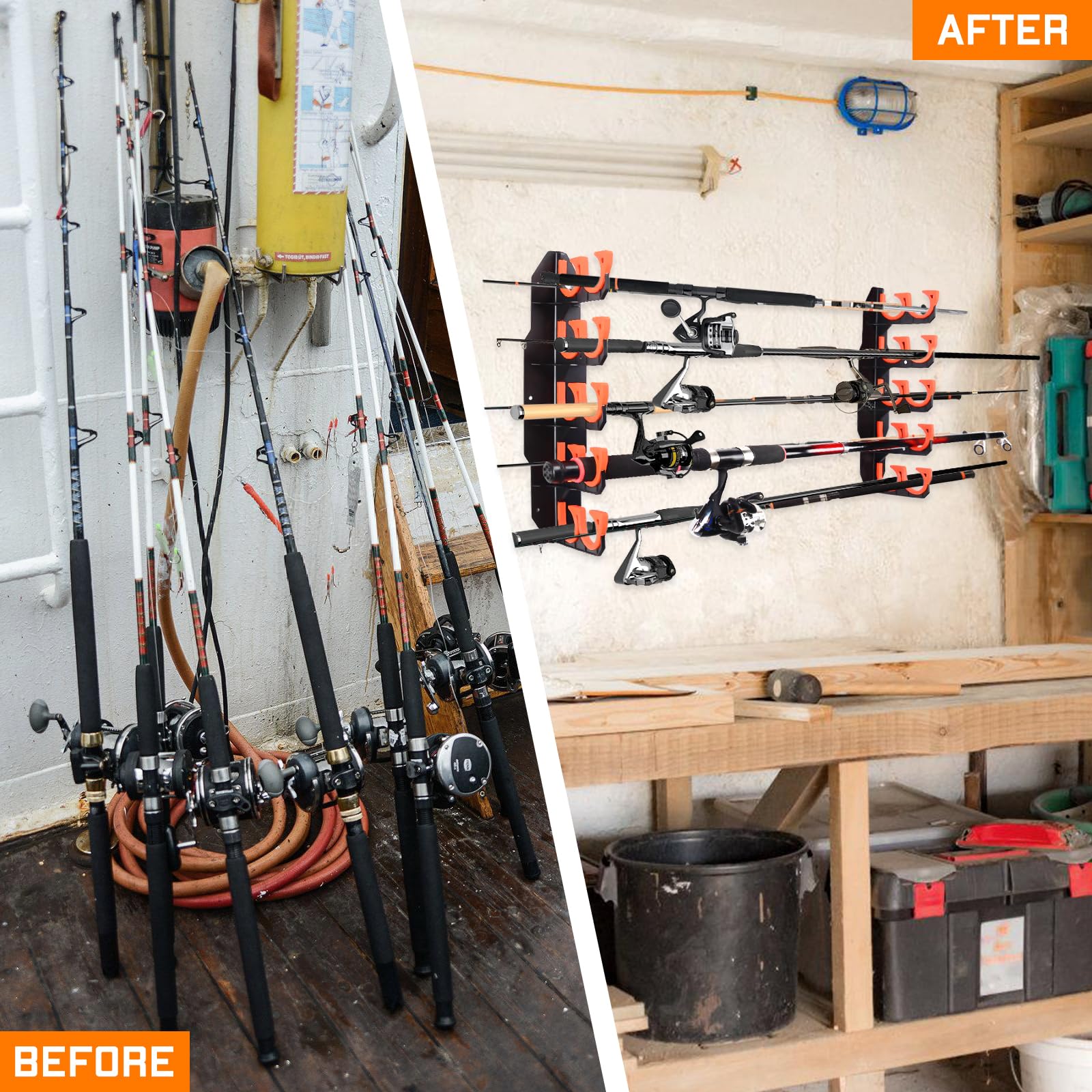 Best Fishing Rod Holders for Garage, Wall & Ceiling Mount - Heavy Duty Fishing Pole Rack Organizer Holds 10 Rods - Perfect for Boat, Kayak & Home Storage