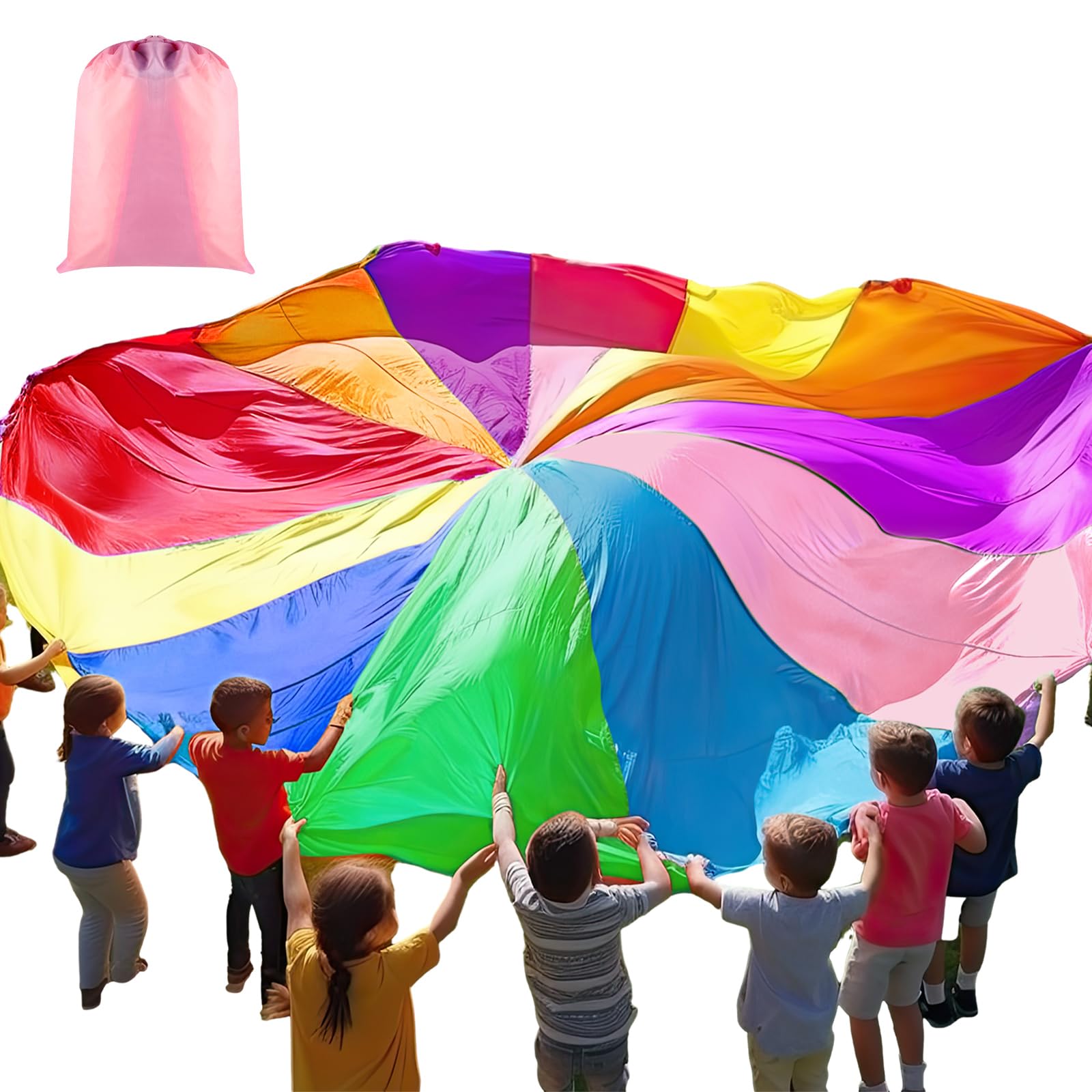 Large Rainbow Play Parachute with Handles - 12ft Colorful Kids Parachute for Cooperative Group Games | Indoor & Outdoor Play Equipment for Schools, Parks, and Birthday Parties