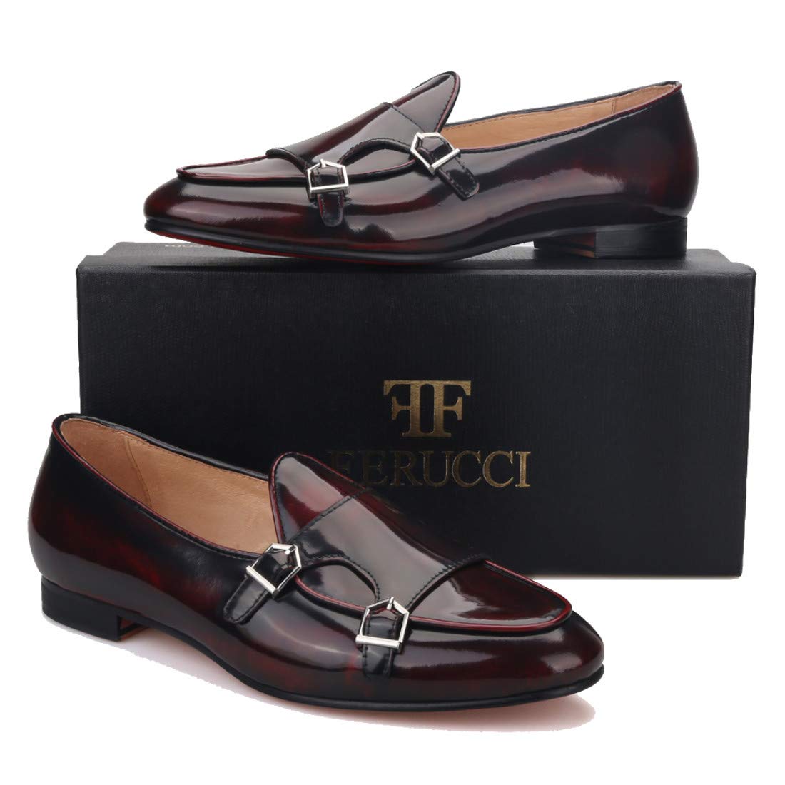 FERUCCI Men's Brown Leather Double Monk Strap Loafers - Comfortable Dress Shoes for Wedding, Prom, Business & Casual Wear