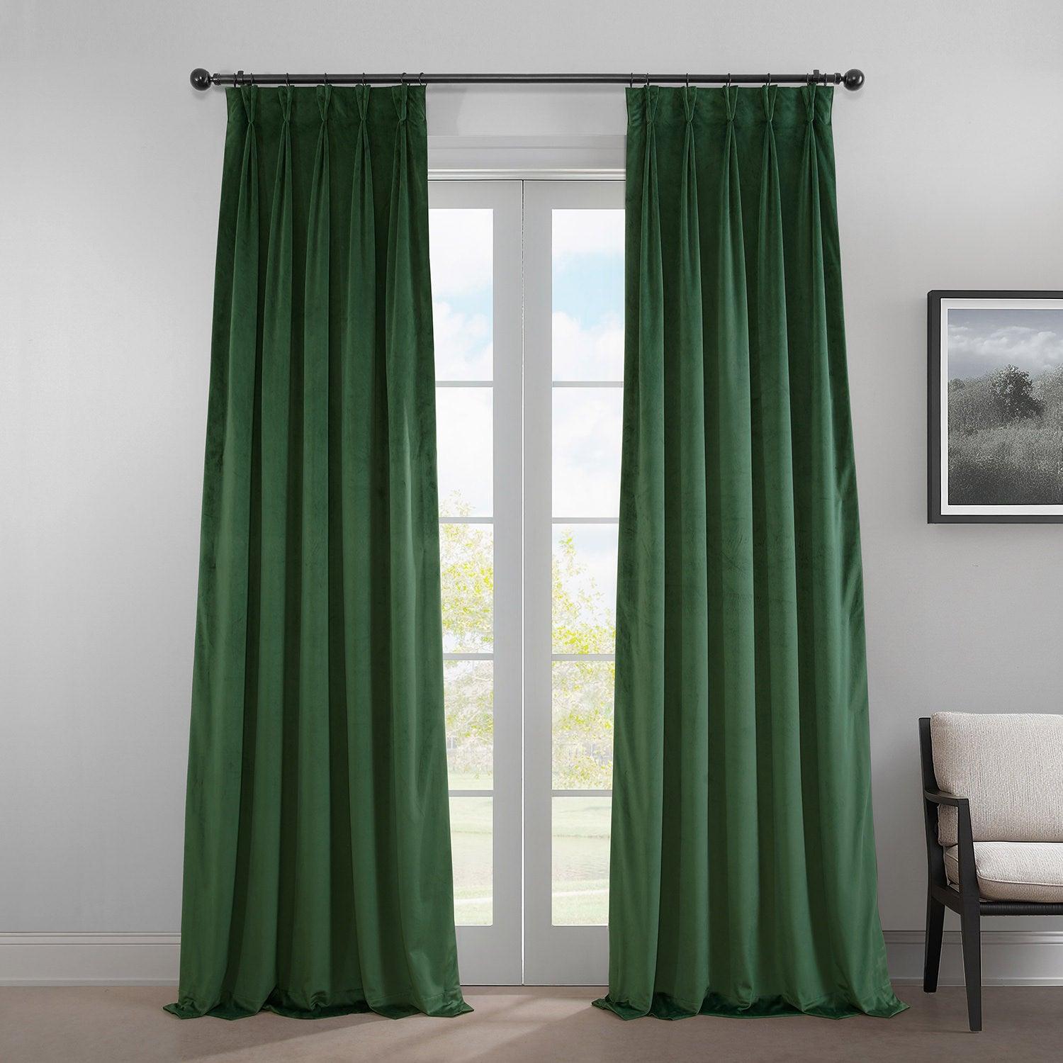 Eden Green French Pleat Heritage Plush Velvet Blackout Curtains for Bedroom & Living Room - Thermal Insulated Soundproof Drapes for Home Decor
